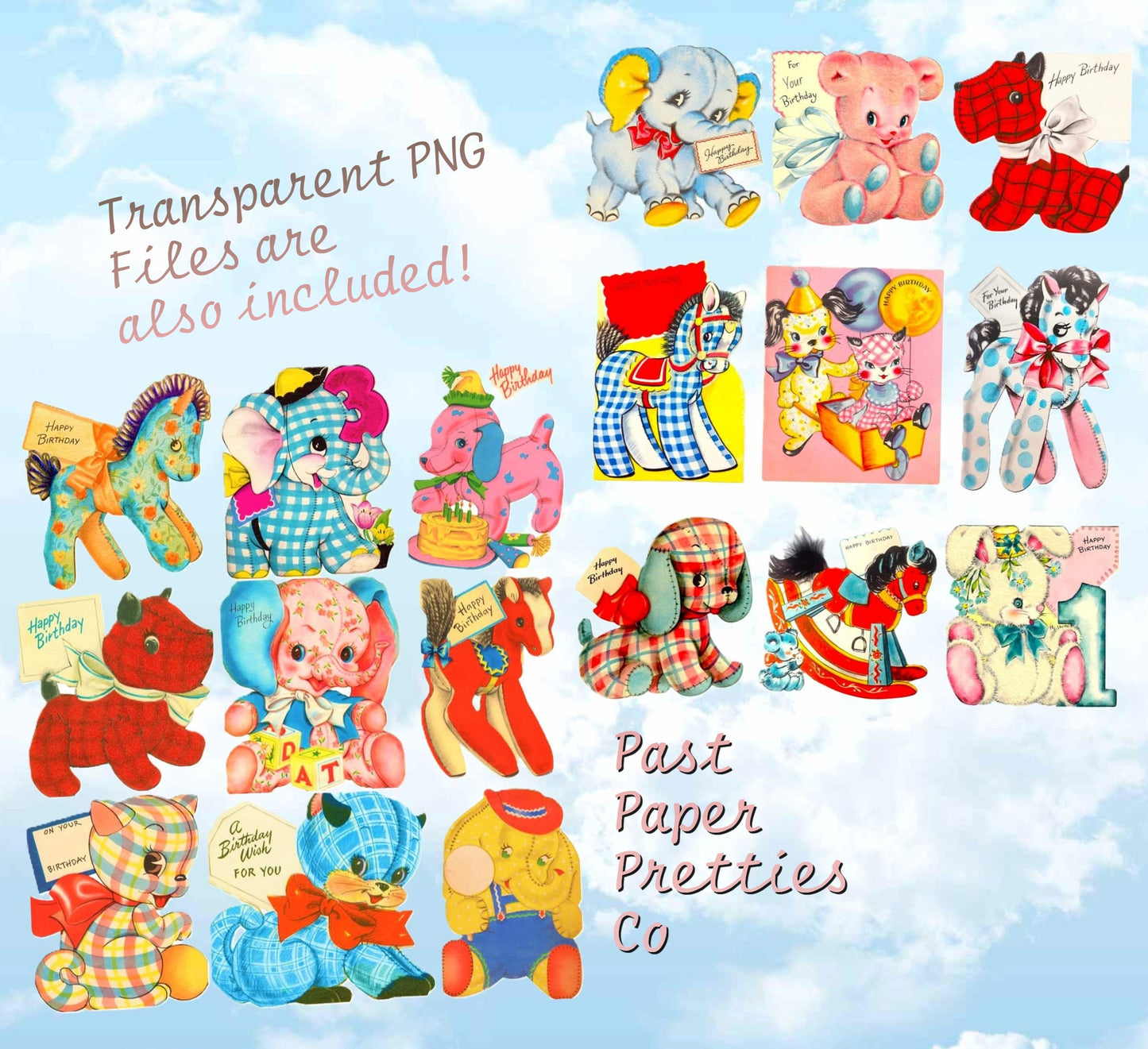 Vintage Printable Happy Birthday Soft Toy Stuffed Animals Greeting Cards Retro Collage & 18 Single Images PDF Instant Digital Download