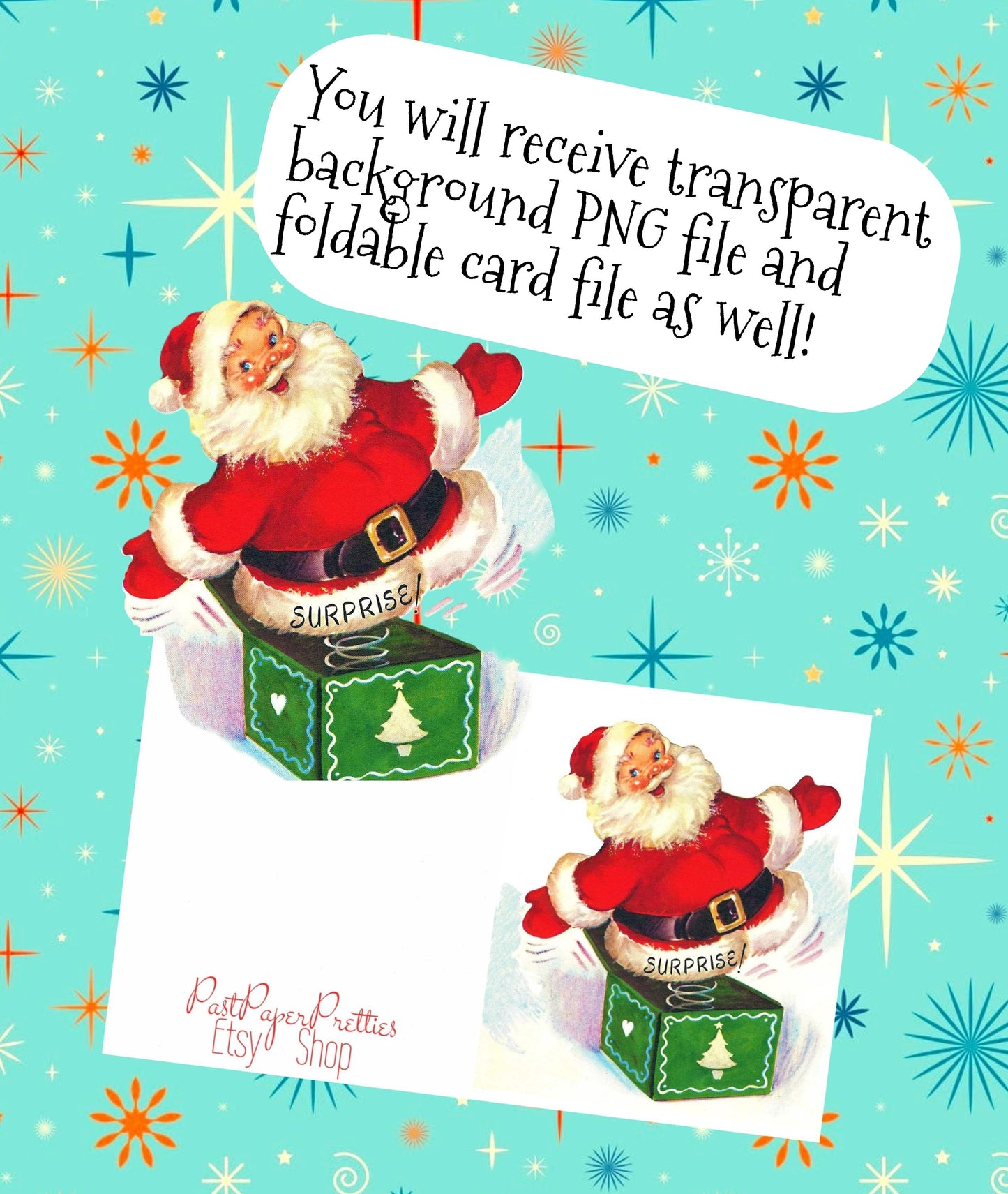 Vintage Printable Mid Century Santa Claus Surprise Jack In The Box Christmas Card Image Instant Digital Download Kitsch Holiday Clip Art