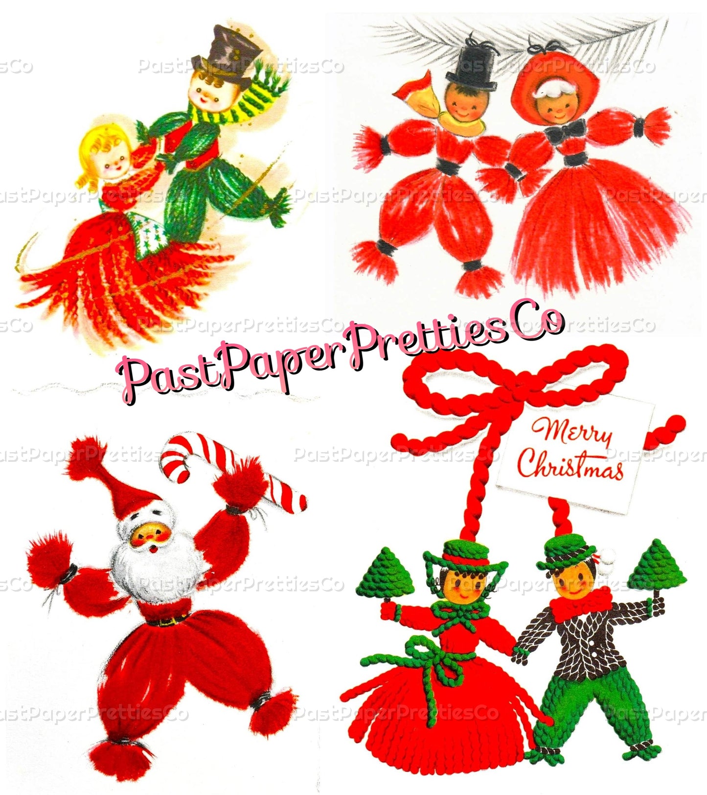 Vintage Christmas Yarn People Collage Sheets & Full Cards Printable PDF Instant Digital Kitsch Cute Yarny Holiday Couples Family 45 Images