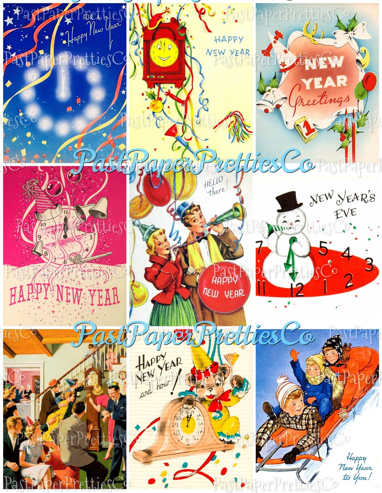 Vintage Happy New Year Printable MCM Card Collage Sheets PDF Instant Digital Download 63 New Years Day Eve Clipart Images