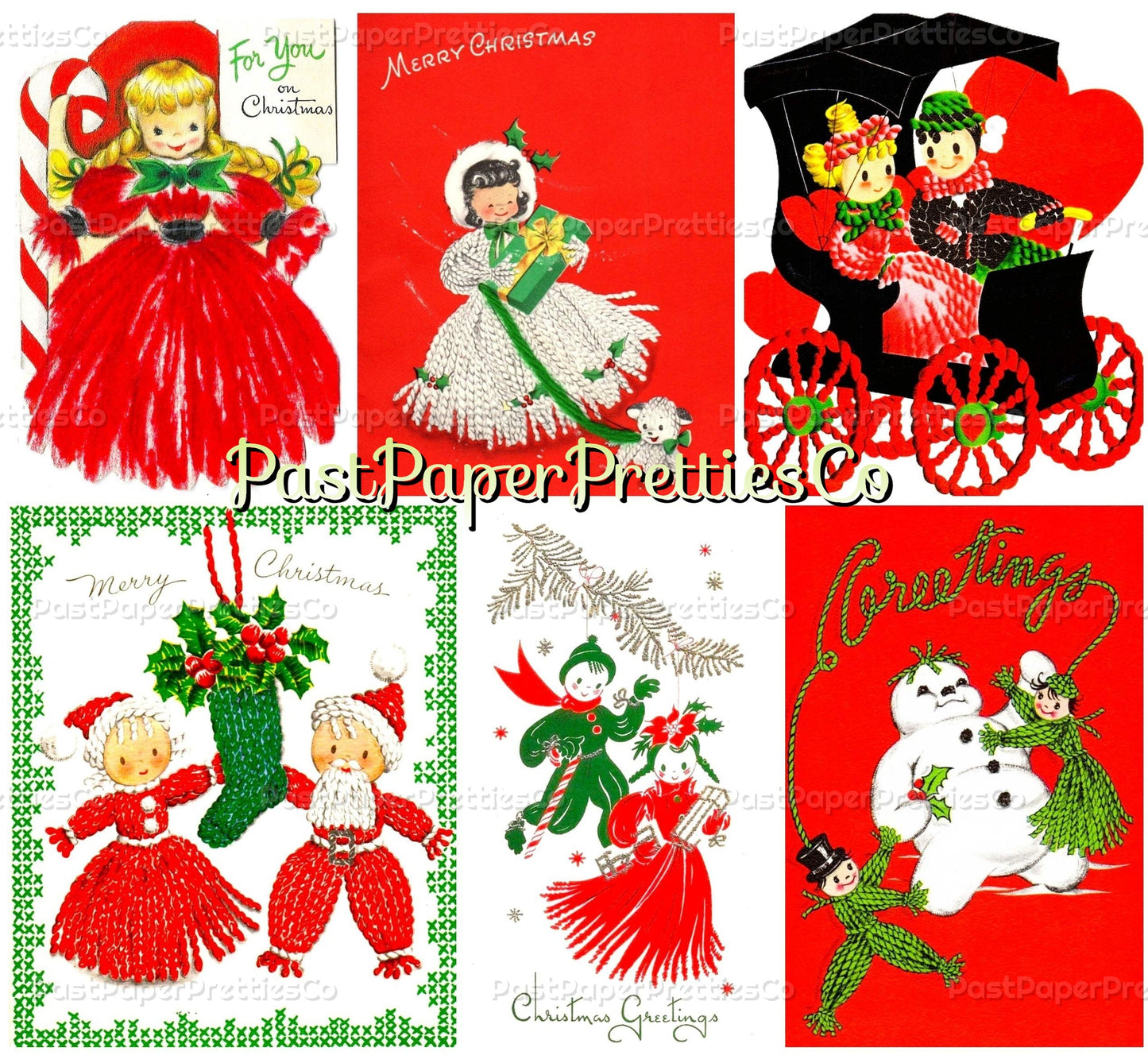 Vintage Christmas Yarn People Collage Sheets & Full Cards Printable PDF Instant Digital Kitsch Cute Yarny Holiday Couples Family 45 Images