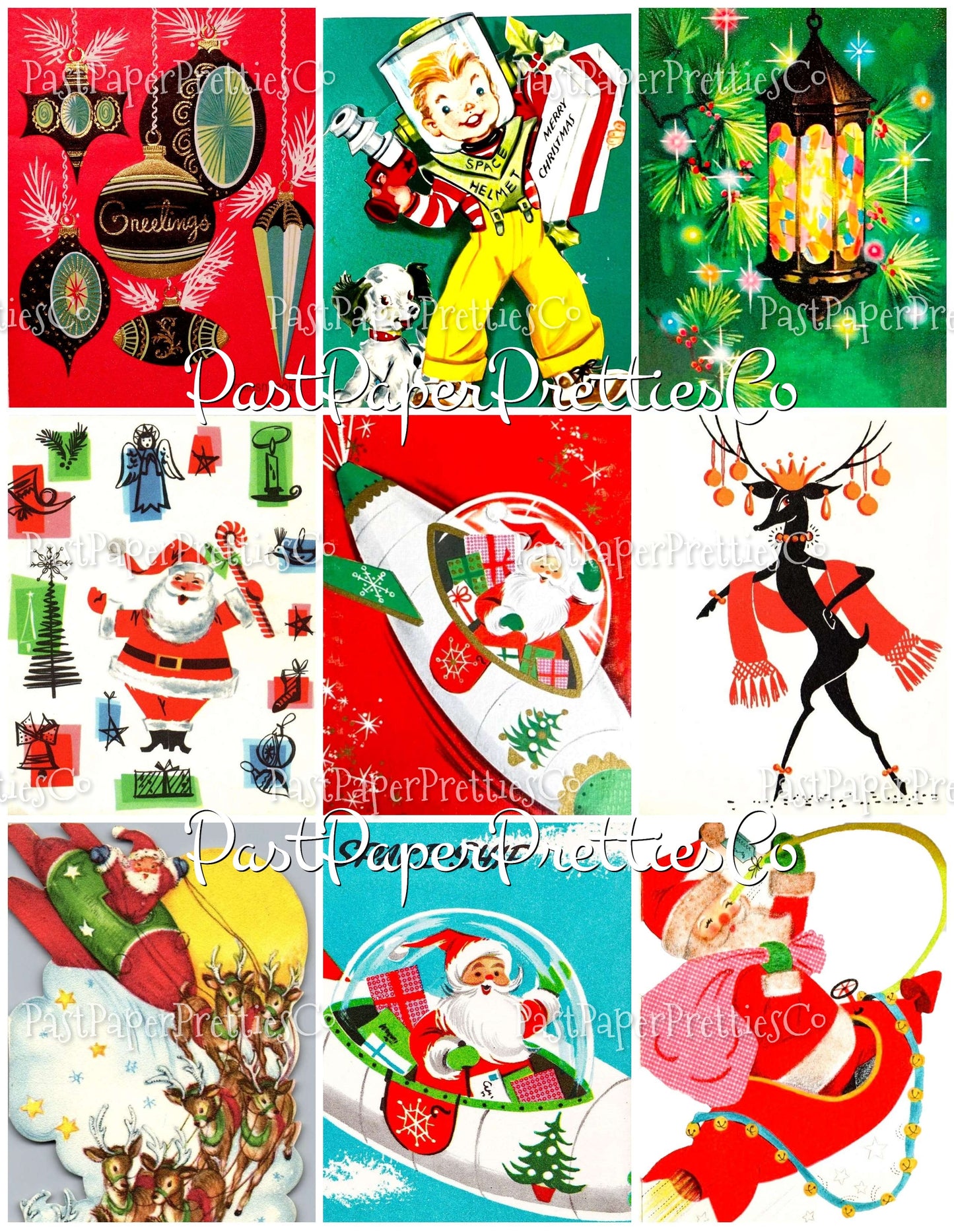 Vintage Christmas Printable MCM Outer Space Atomic Rocket Ship Card Collage Images PDF Instant Digital Download Retro Astronaut Santa Kids