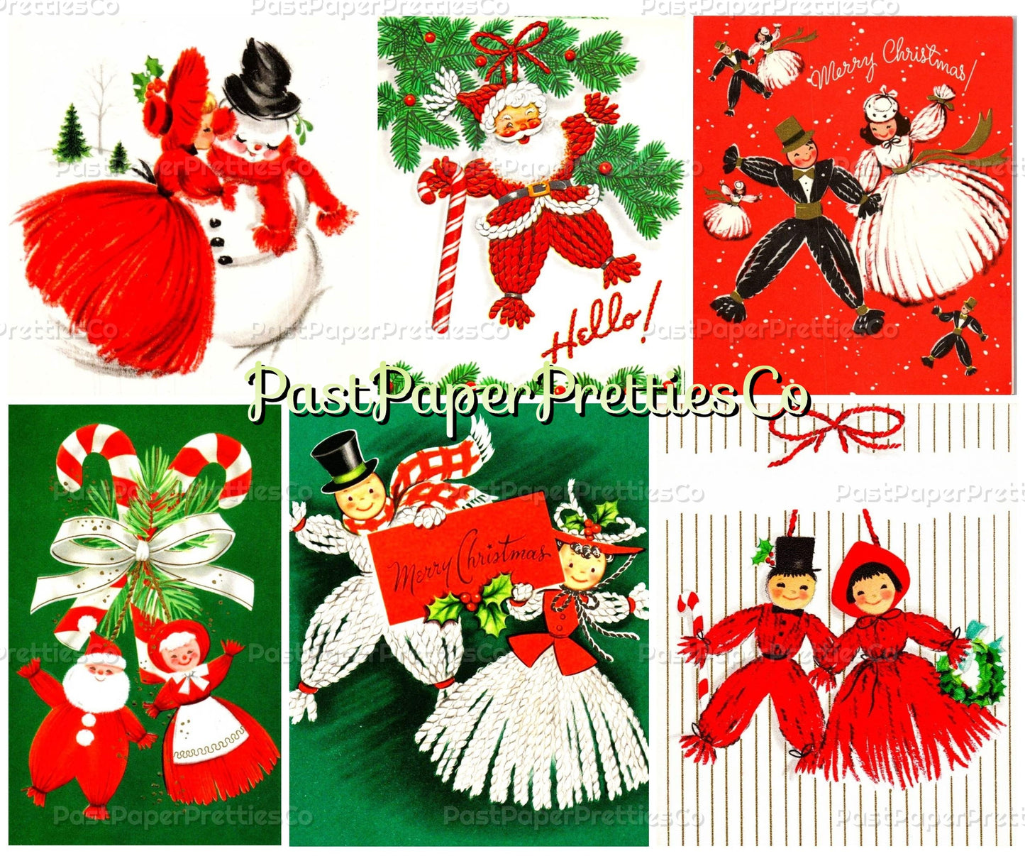 Vintage Christmas Yarn People Collage Sheets & Full Cards Printable PDF Instant Digital Kitsch Cute Yarny Holiday Couples Family 45 Images