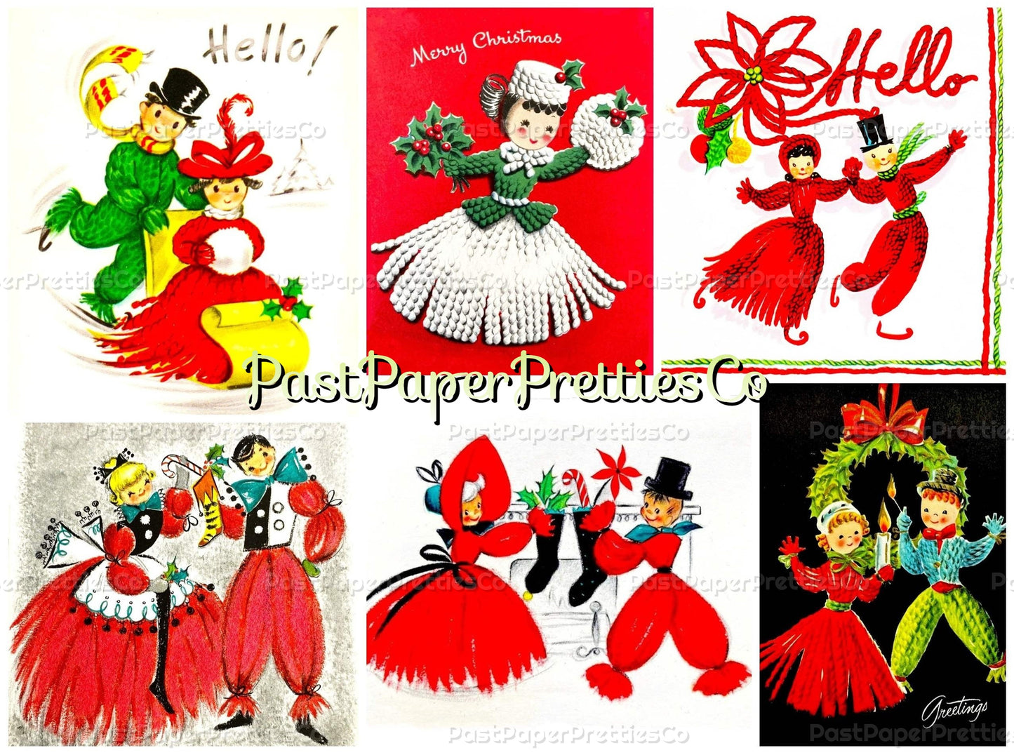 Vintage Christmas Yarn People Collage Sheets & Full Cards Printable PDF Instant Digital Kitsch Cute Yarny Holiday Couples Family 45 Images