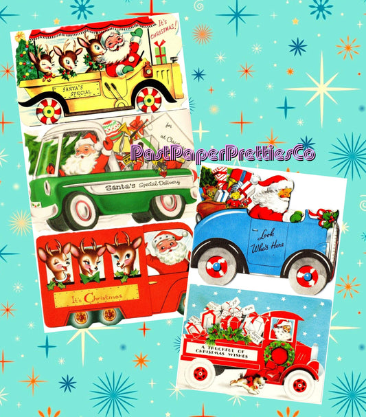 Vintage Printable Santas Special Delivery Vehicles Christmas Cards PDF Instant Digital Download Kitsch Mid Century Car Truck Bus Images