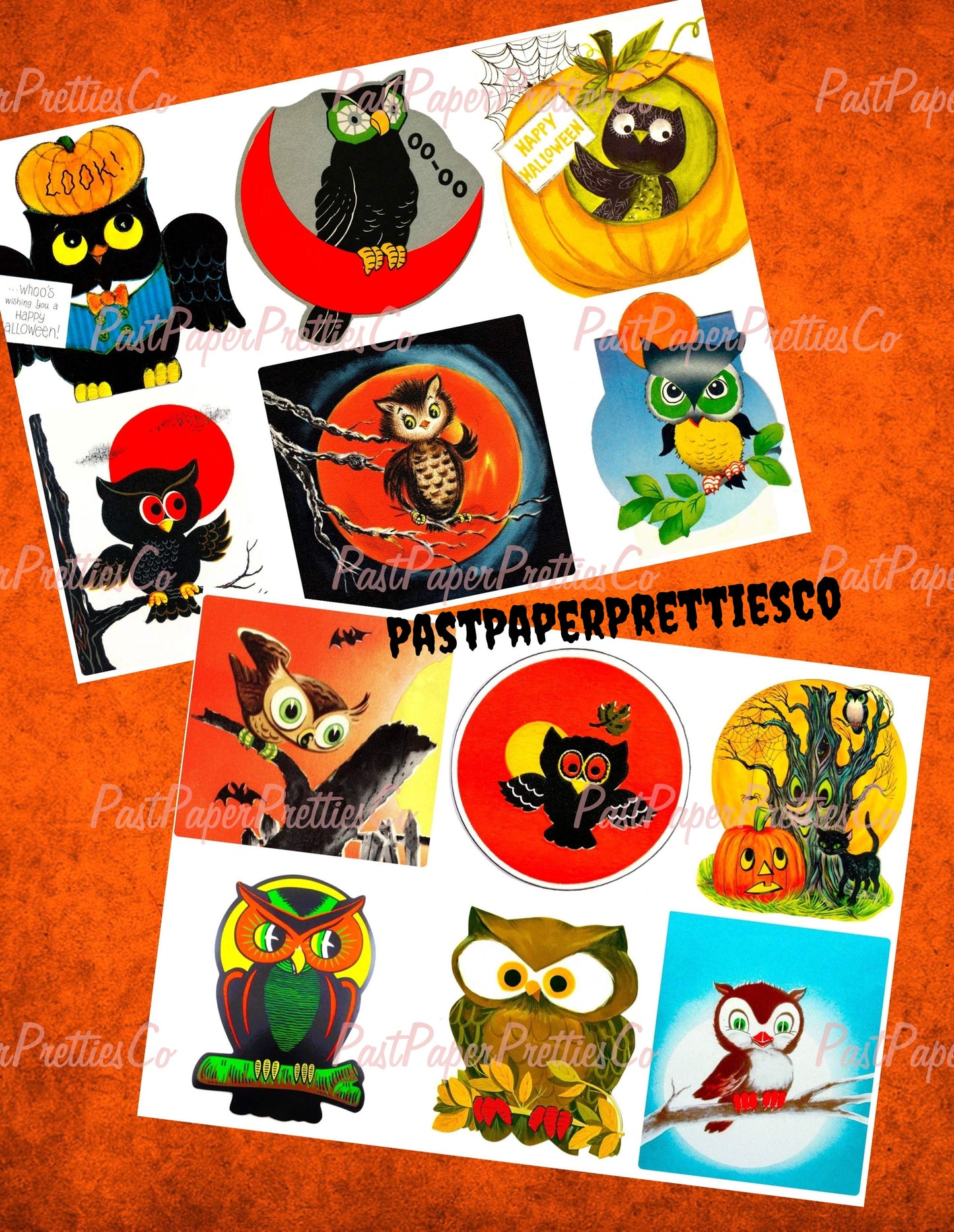 Vintage Retro Halloween OWLS Collage Sheets 24 Card Images Printable PDF Instant Digital Download Mid Century Kitsch Spooky Cute Clip Art