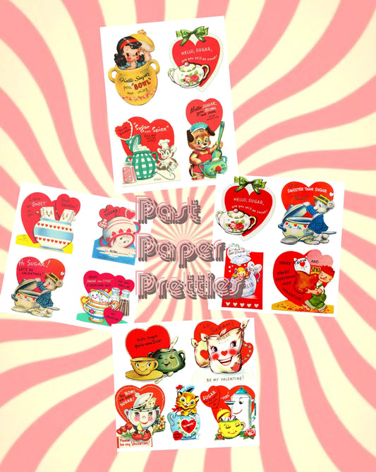 Vintage Printable Valentines Day Cards Sweet Sugar Bowls Theme Collage Sheets PDF Instant Digital Download Retro Valentines JPEG PNG
