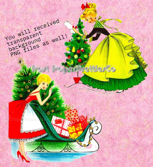 Vintage Retro 2 Pretty Holiday Ladies Christmas Card Images Printable PDF Instant Digital Download Mid Century Homemaker Happy Housewives
