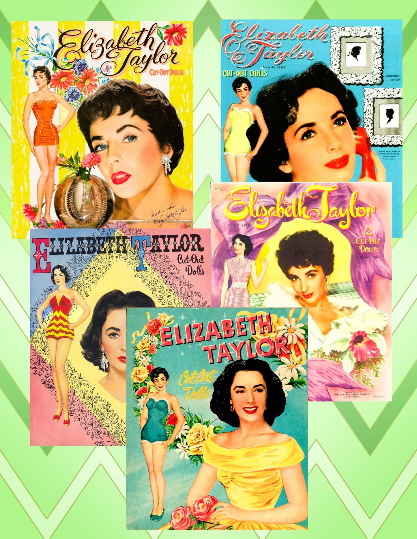 Vintage Movie Star Paper Dolls Elizabeth Taylor FIVE Set Lot 1950s PDF Printable Instant Digital Download Hollywood Actress Clipart