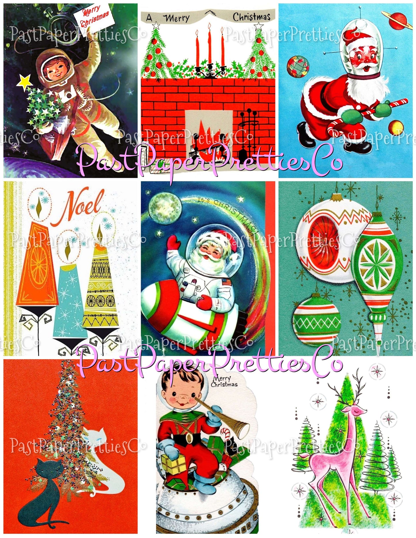Vintage Christmas Printable MCM Outer Space Atomic Rocket Ship Card Collage Images PDF Instant Digital Download Retro Astronaut Santa Kids