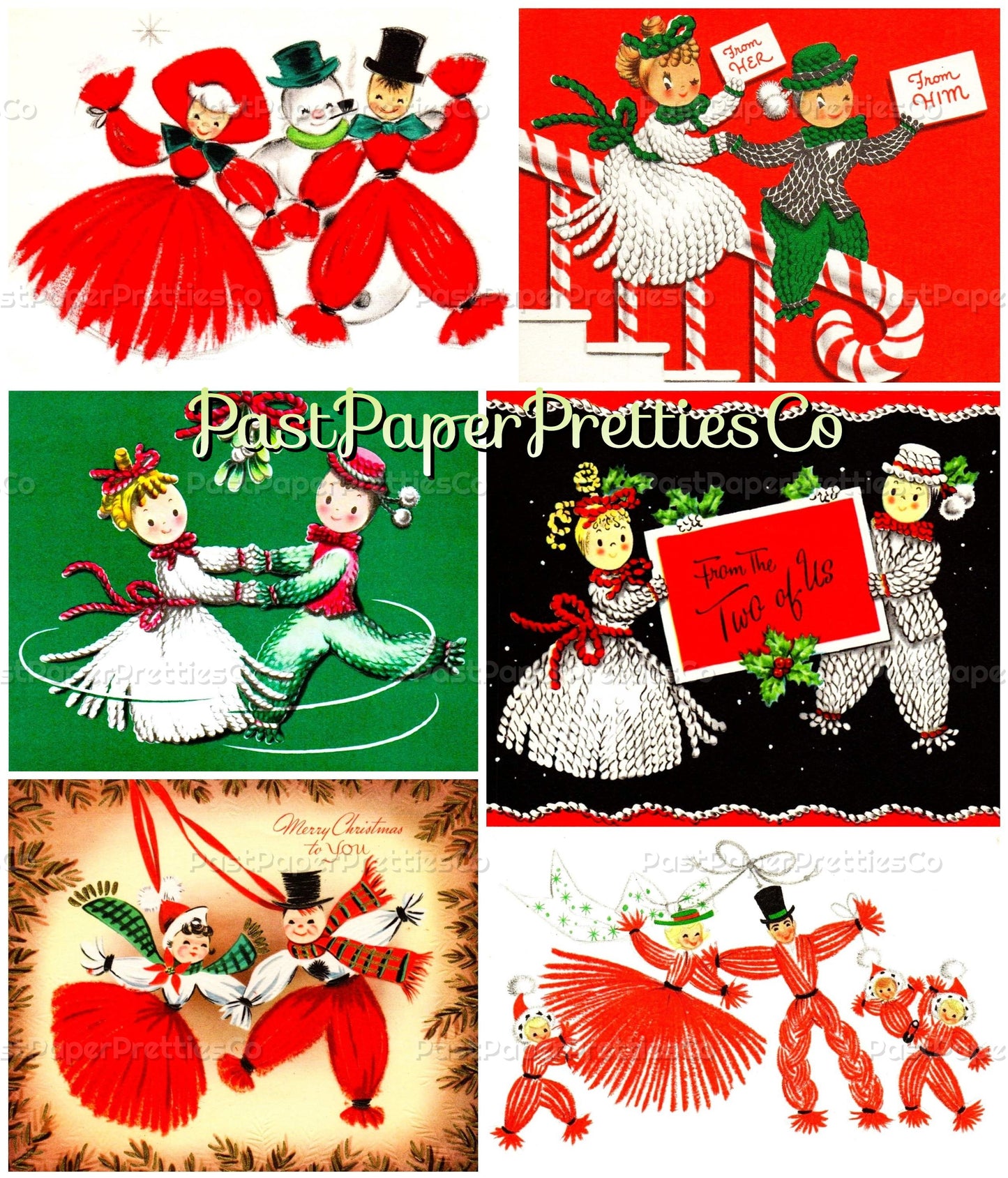 Vintage Christmas Yarn People Collage Sheets & Full Cards Printable PDF Instant Digital Kitsch Cute Yarny Holiday Couples Family 45 Images