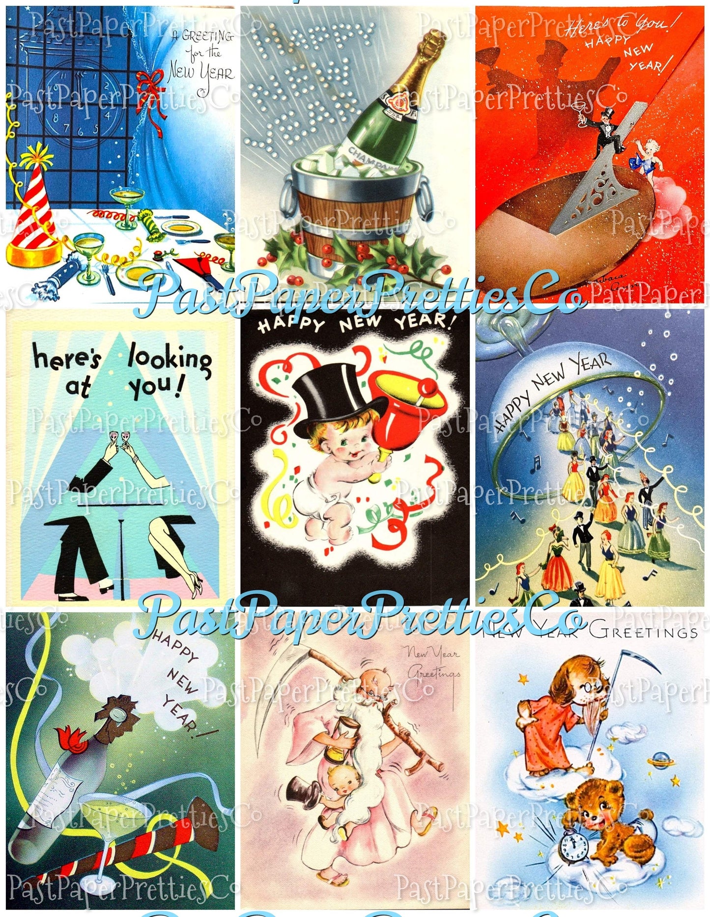 Vintage Happy New Year Printable MCM Card Collage Sheets PDF Instant Digital Download 63 New Years Day Eve Clipart Images