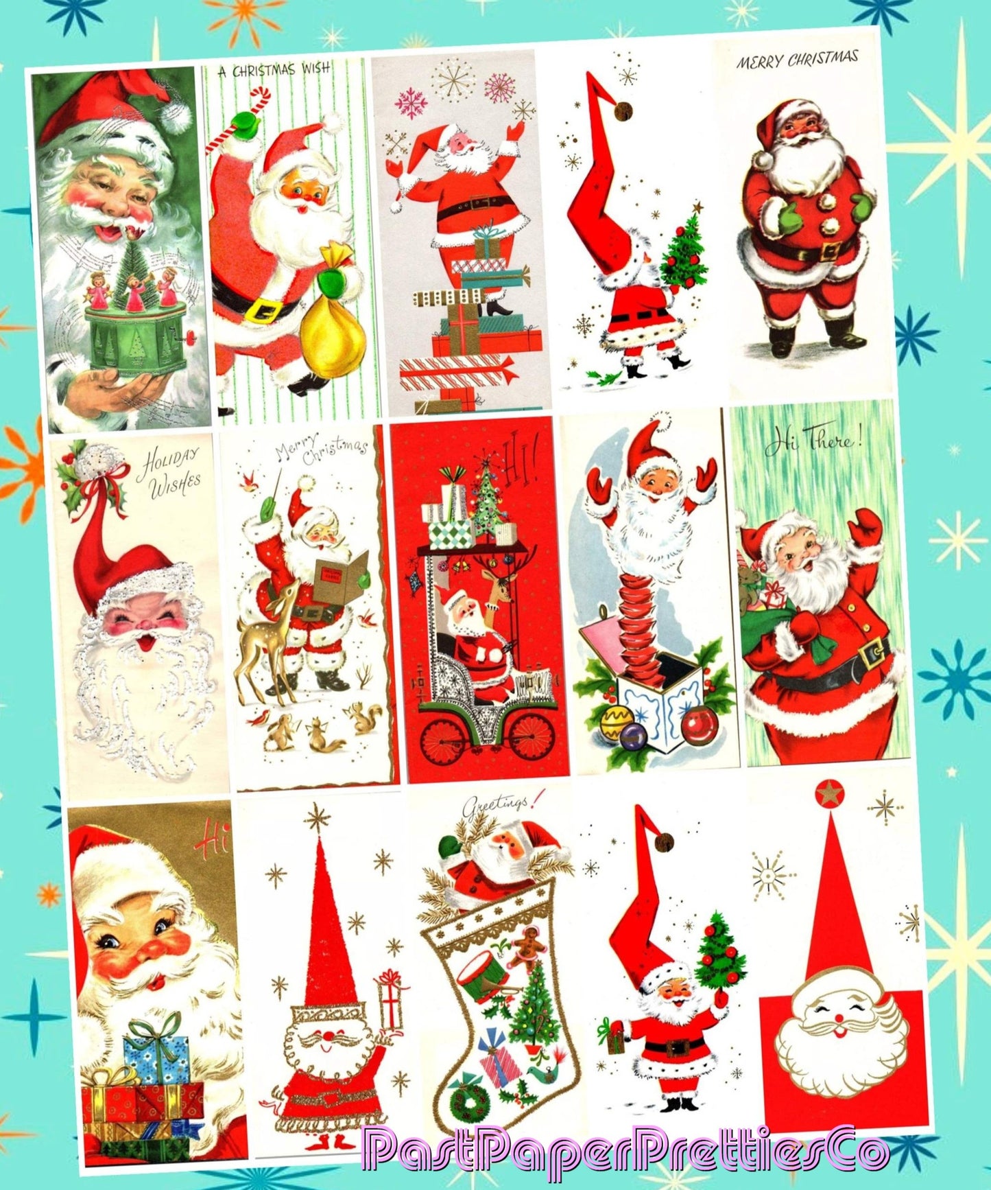 Vintage Retro Slim Santas Mod Tall Hats Christmas Card Images Collage & Full Cards Printable PDF Instant Digital Download MCM Kitsch Clipart