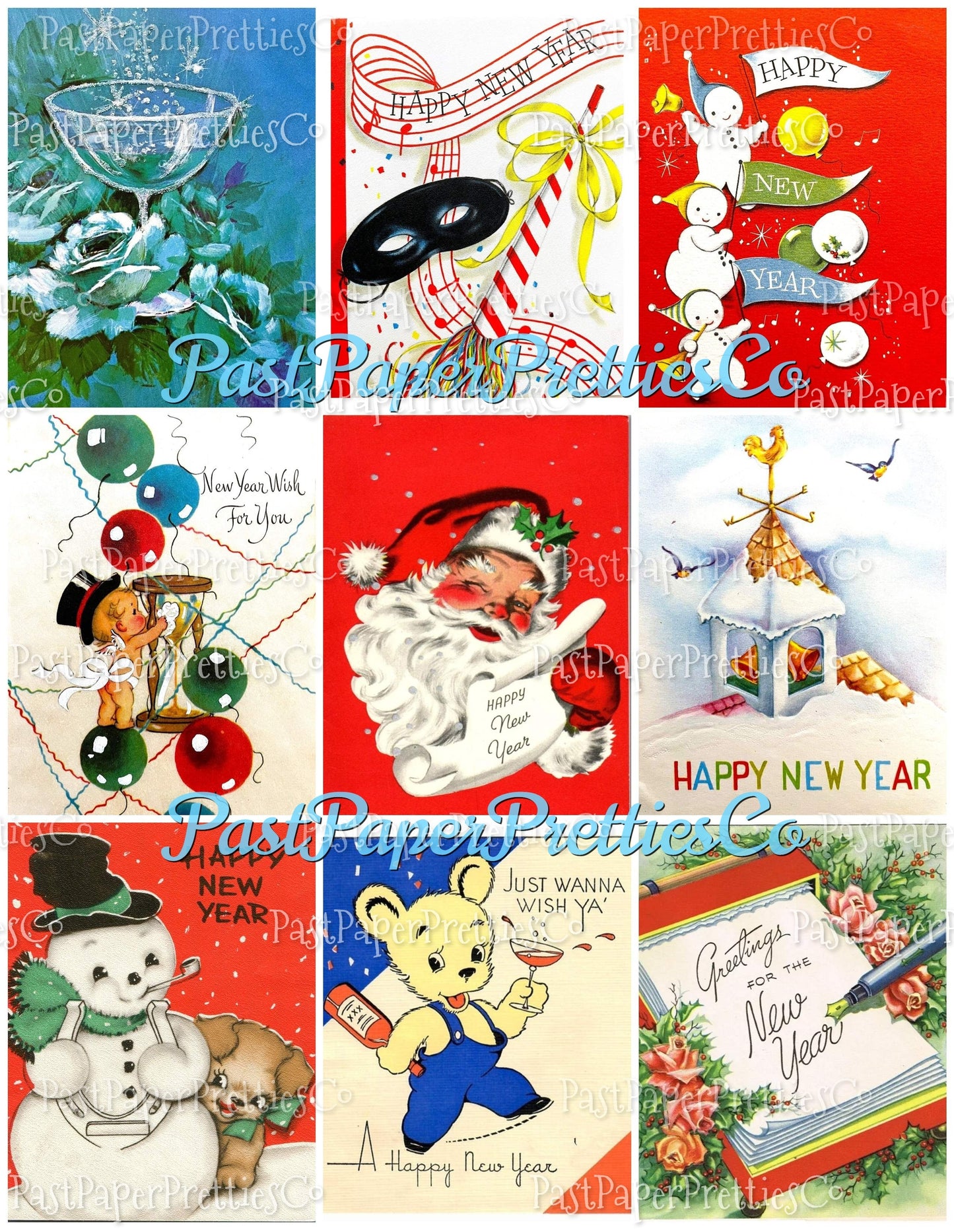 Vintage Happy New Year Printable MCM Card Collage Sheets PDF Instant Digital Download 63 New Years Day Eve Clipart Images