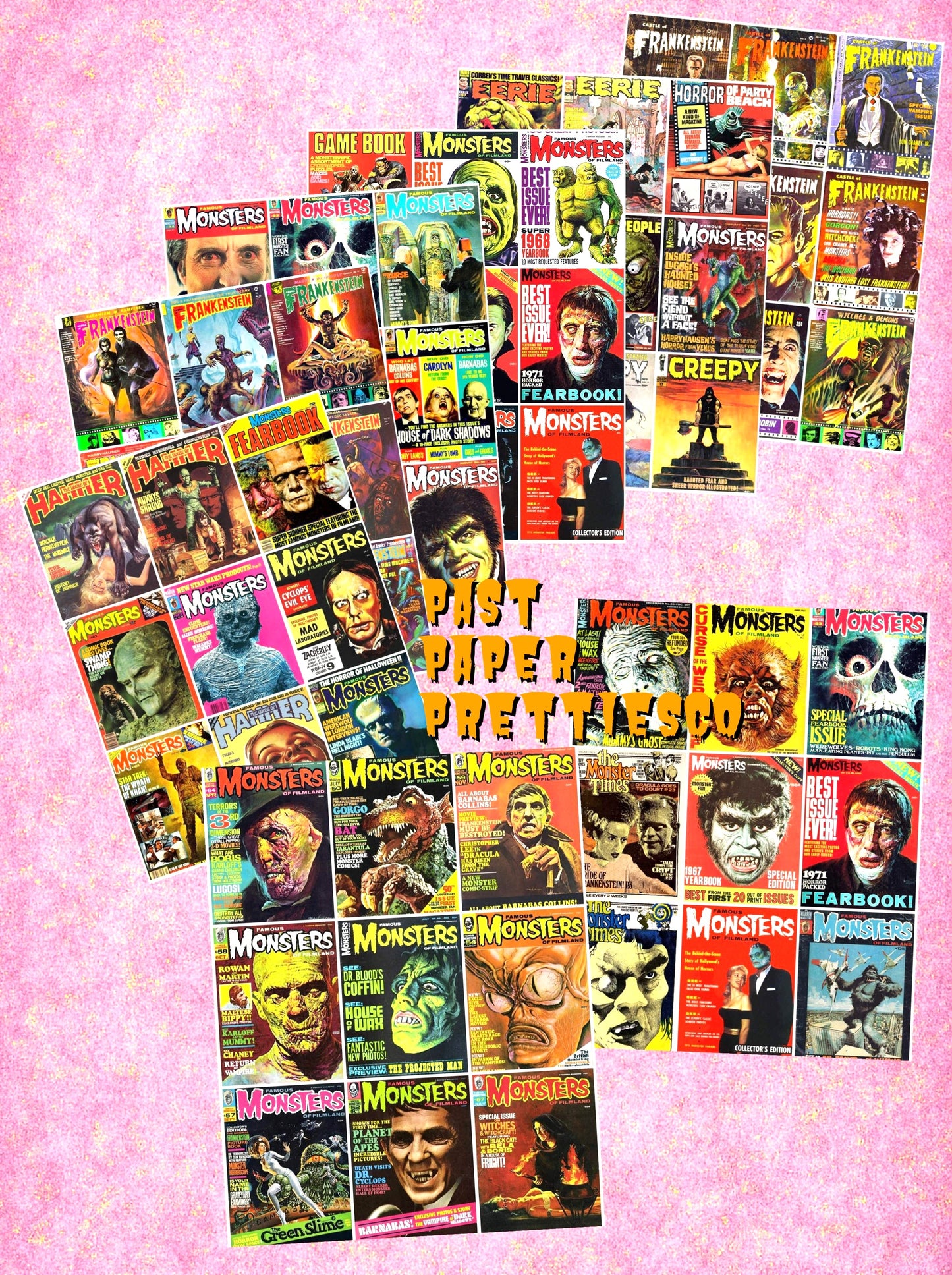 Vintage Retro Movie Monster Magazine Covers Collage Images Halloween PDF Instant Digital Download 24x9 Printable Sheets Spooky MCM Creatures