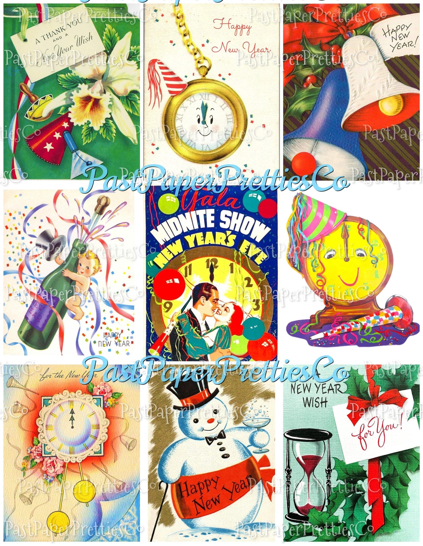 Vintage Happy New Year Printable MCM Card Collage Sheets PDF Instant Digital Download 63 New Years Day Eve Clipart Images