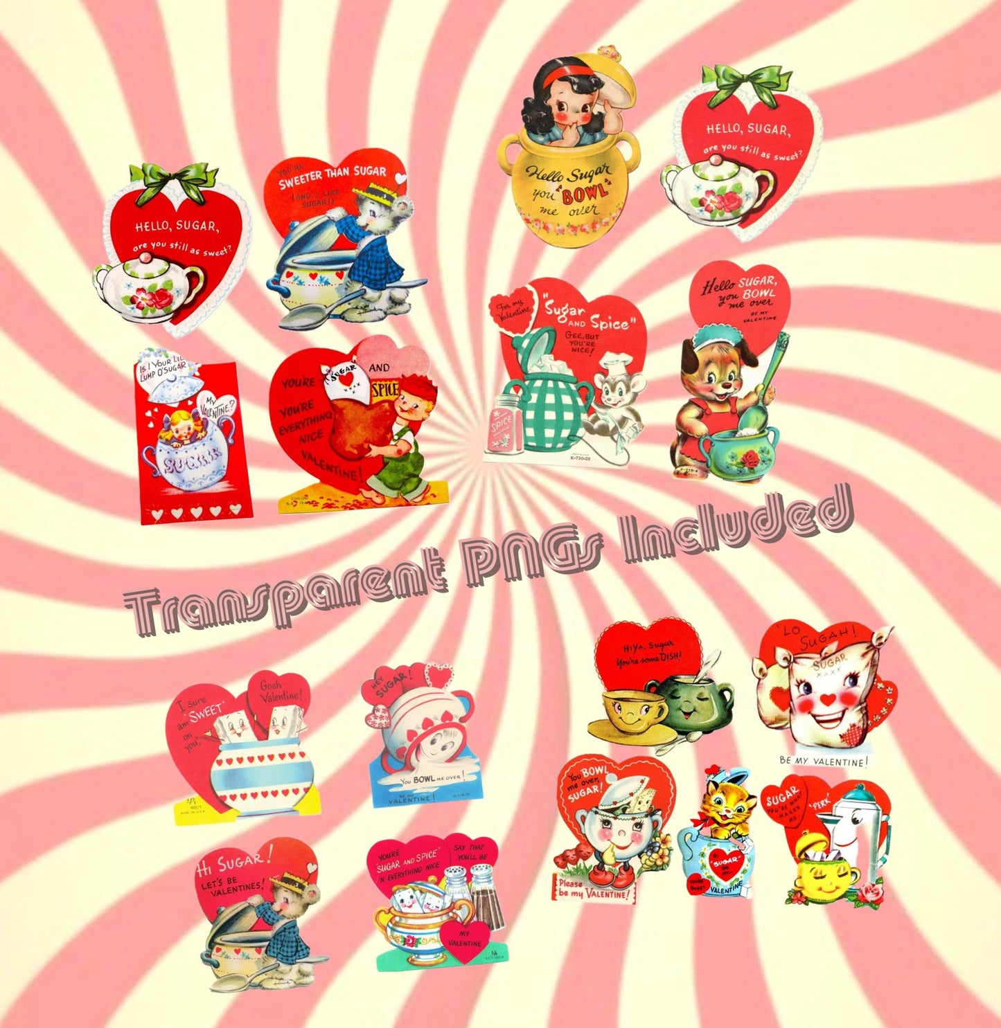 Vintage Printable Valentines Day Cards Sweet Sugar Bowls Theme Collage Sheets PDF Instant Digital Download Retro Valentines JPEG PNG