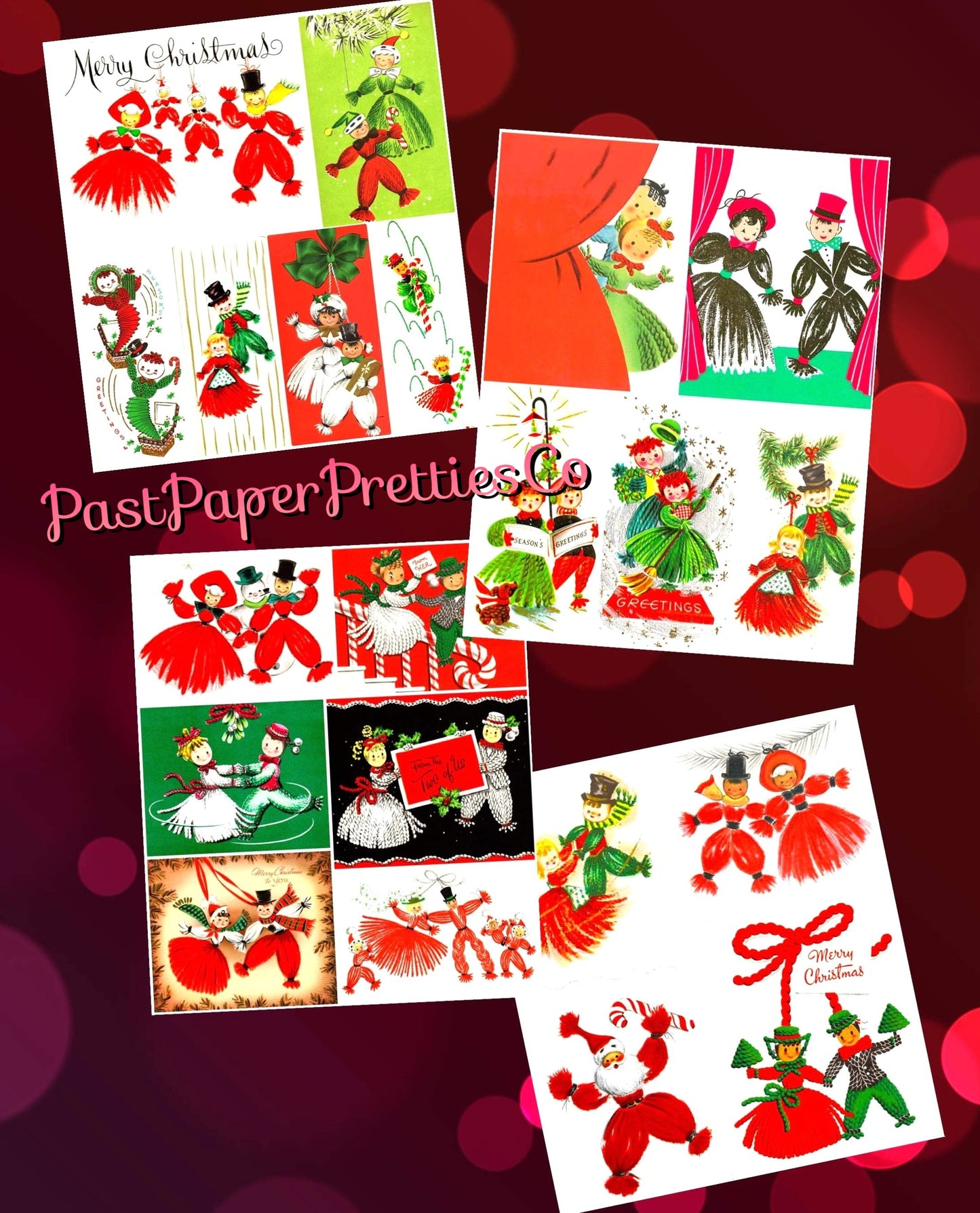 Vintage Christmas Yarn People Collage Sheets & Full Cards Printable PDF Instant Digital Kitsch Cute Yarny Holiday Couples Family 45 Images