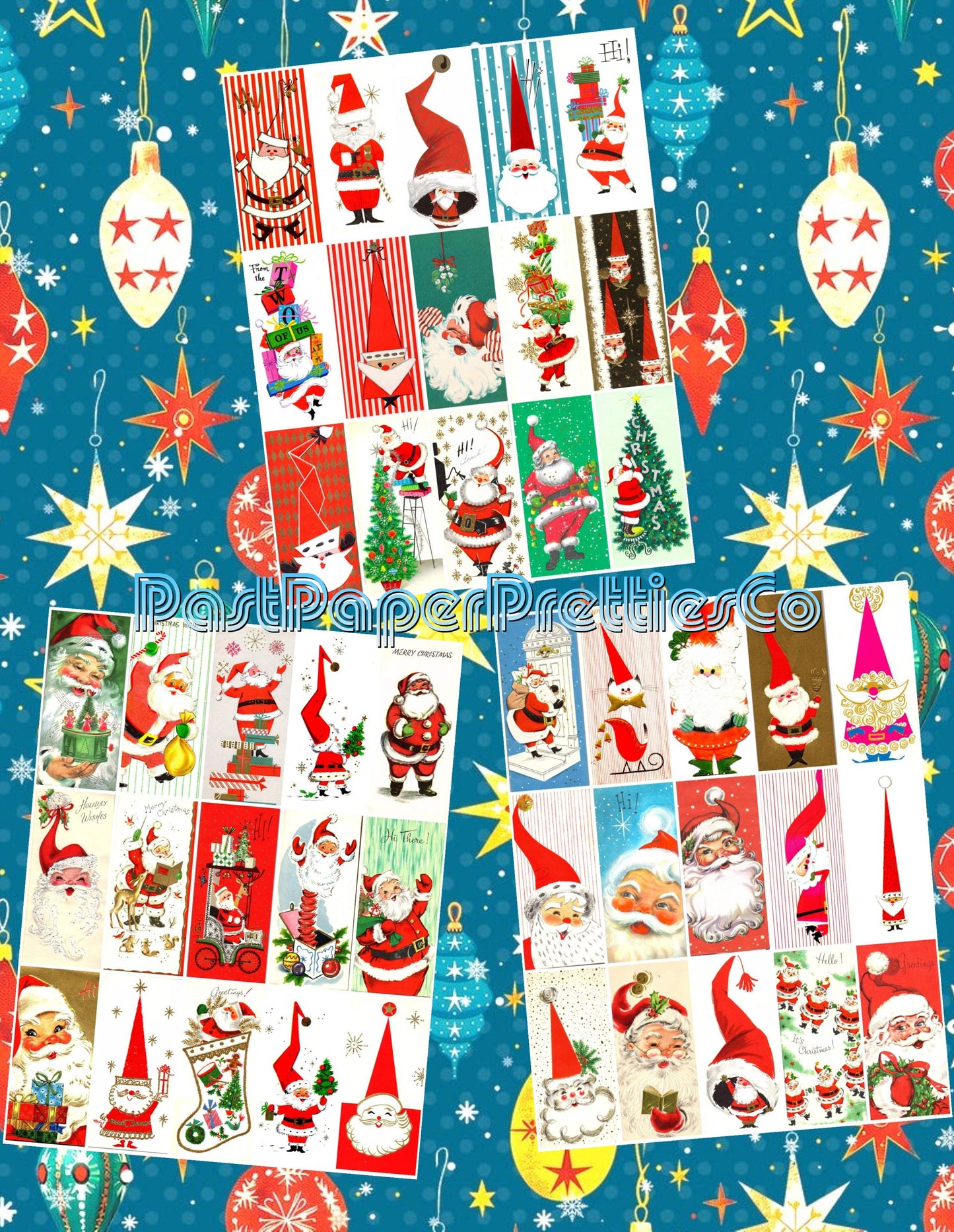 Vintage Retro Slim Santas Mod Tall Hats Christmas Card Images Collage & Full Cards Printable PDF Instant Digital Download MCM Kitsch Clipart