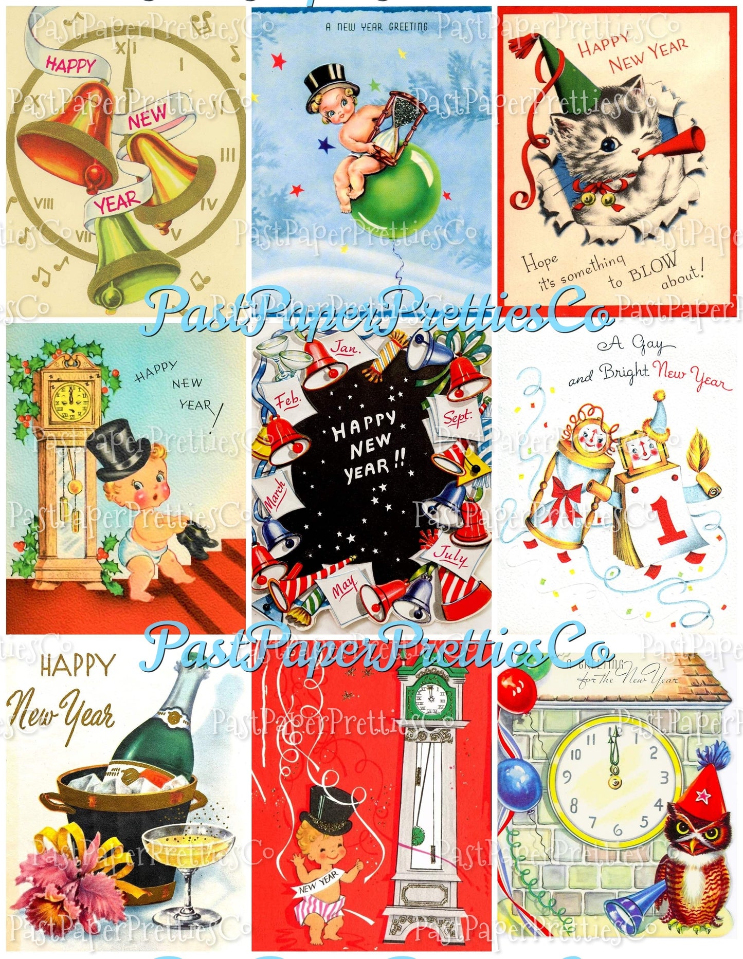 Vintage Happy New Year Printable MCM Card Collage Sheets PDF Instant Digital Download 63 New Years Day Eve Clipart Images