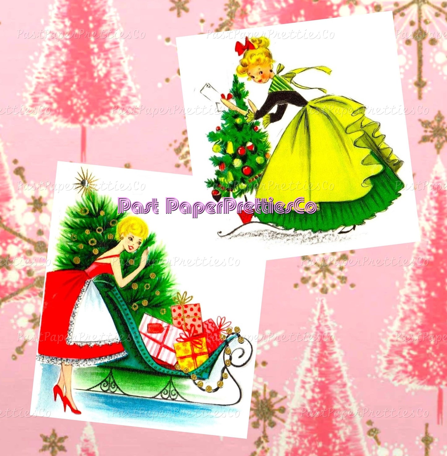 Vintage Retro 2 Pretty Holiday Ladies Christmas Card Images Printable PDF Instant Digital Download Mid Century Homemaker Happy Housewives