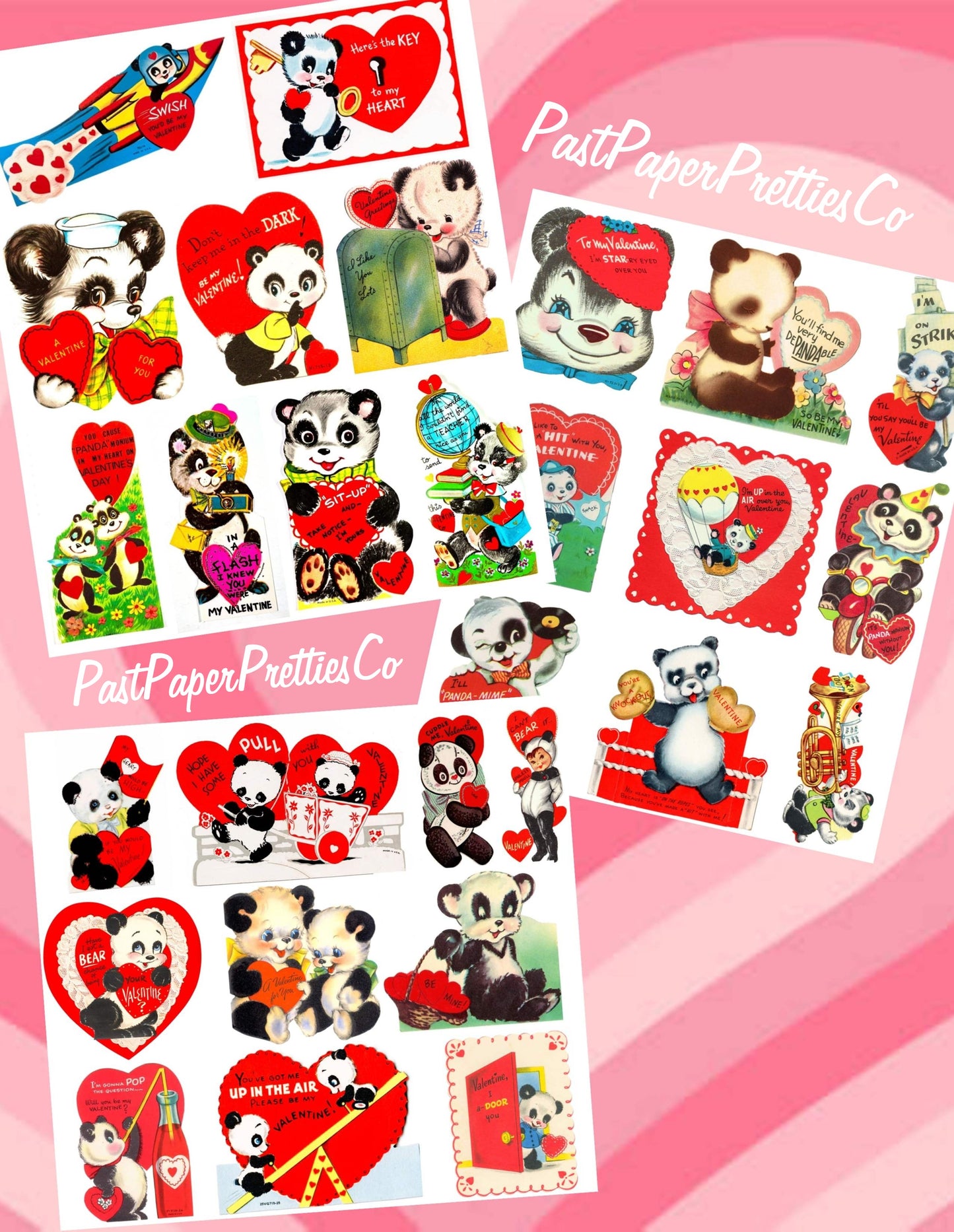 27 Vintage Printable Panda Bear Valentine Card Collage Images PDF Instant Digital Download ALL Kitsch Anthropomorphic Panda Love Clip Art