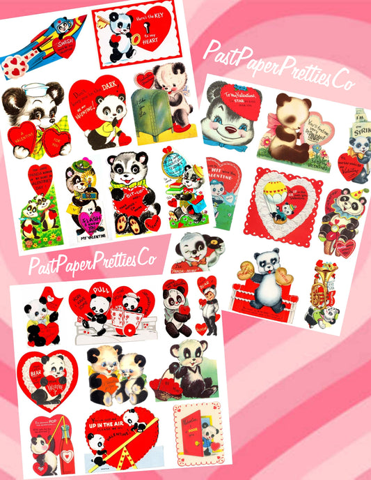 27 Vintage Printable Panda Bear Valentine Card Collage Images PDF Instant Digital Download ALL Kitsch Anthropomorphic Panda Love Clip Art