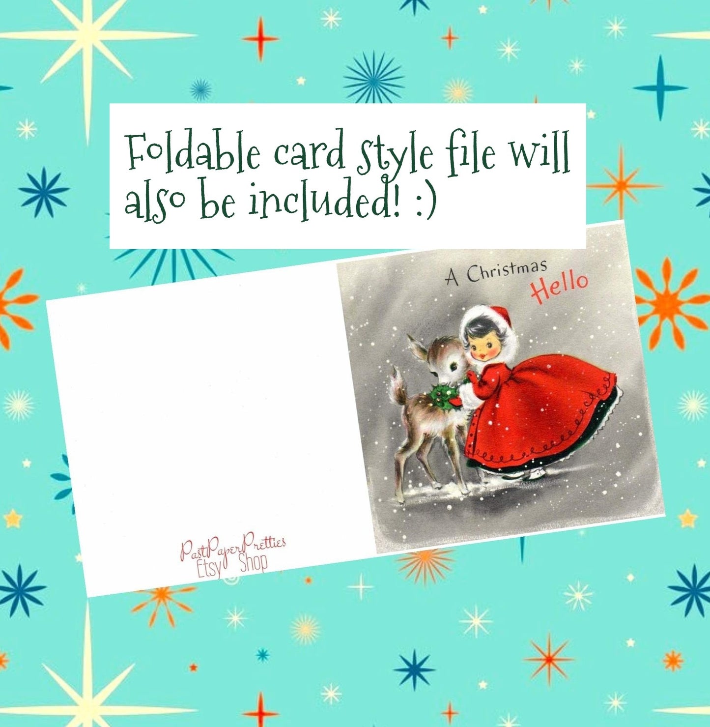 Vintage Printable Pretty Christmas Girl with Red Coat and Reindeer Card Image Retro 1950s Instant Digital Download Kitsch Holiday Clipart