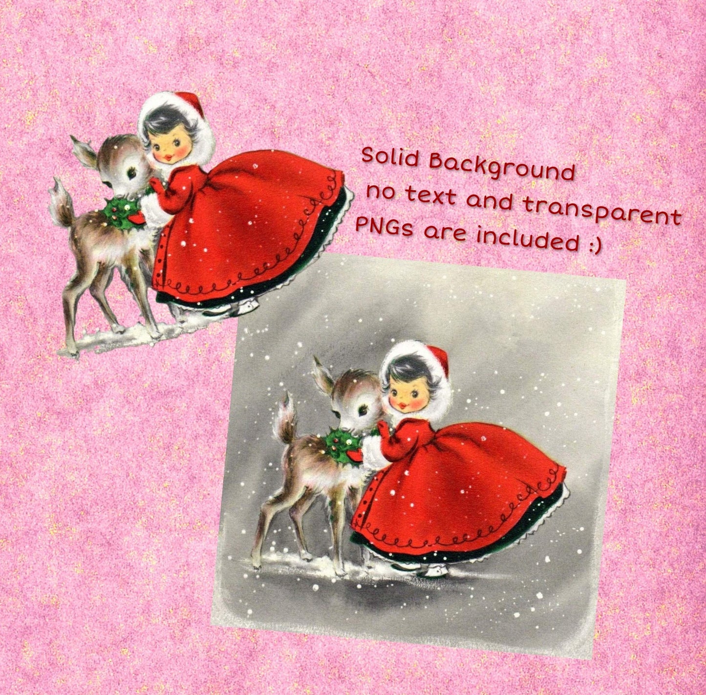 Vintage Printable Pretty Christmas Girl with Red Coat and Reindeer Card Image Retro 1950s Instant Digital Download Kitsch Holiday Clipart