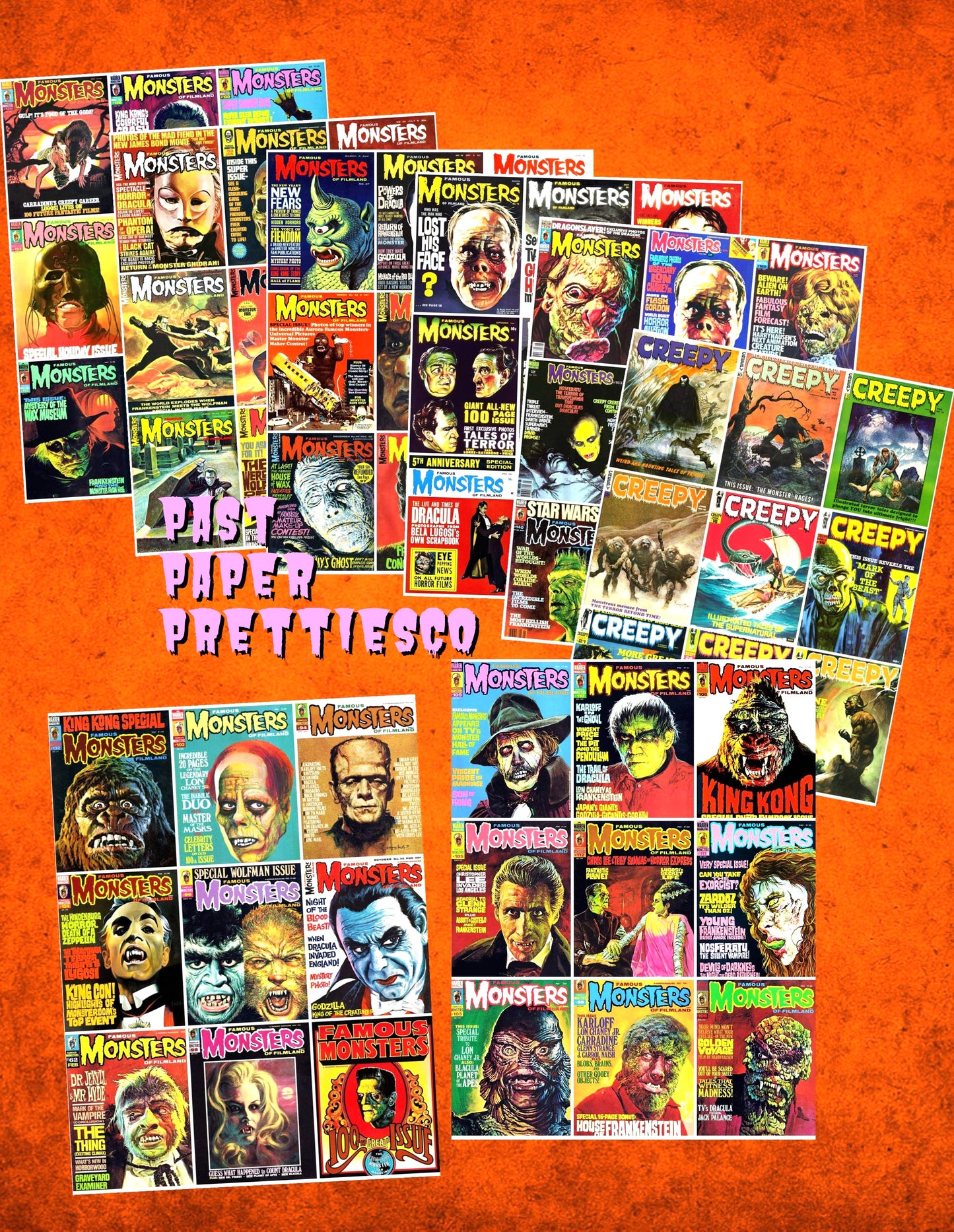 Vintage Retro Movie Monster Magazine Covers Collage Images Halloween PDF Instant Digital Download 24x9 Printable Sheets Spooky MCM Creatures