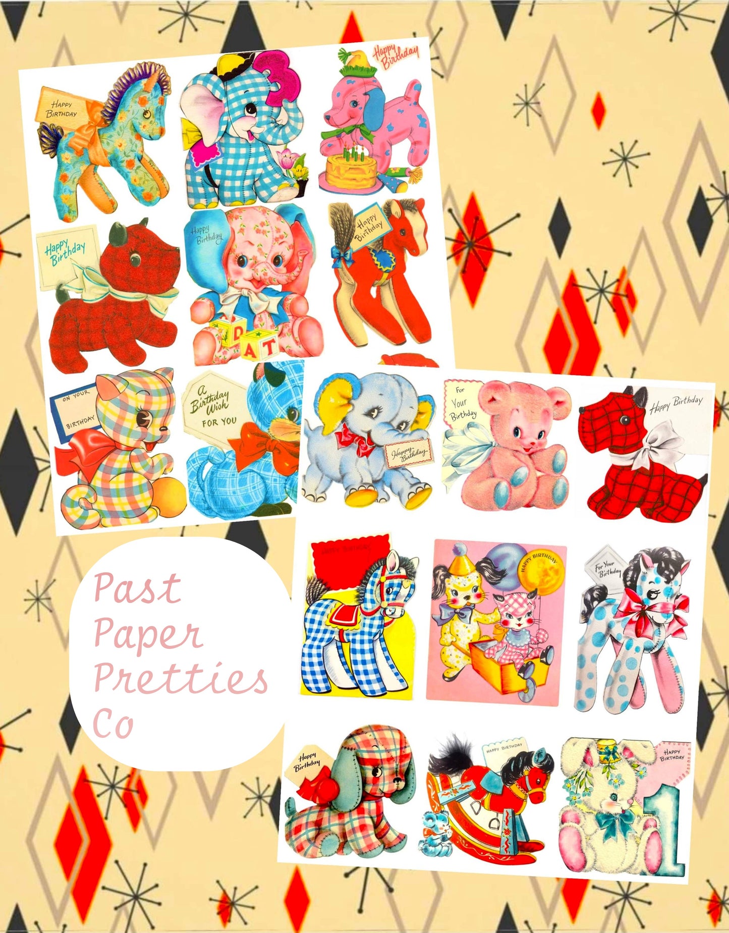 Vintage Printable Happy Birthday Soft Toy Stuffed Animals Greeting Cards Retro Collage & 18 Single Images PDF Instant Digital Download