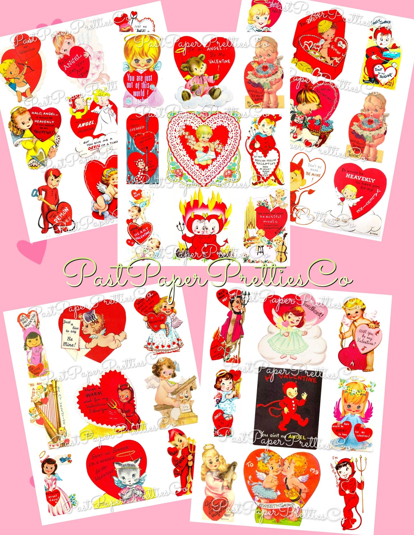 Vintage Valentines Day ALL Angels and Devils Themed Printable Card Image Collage Sheets PDF Instant Digital Download 45 Cute Hearts Clipart
