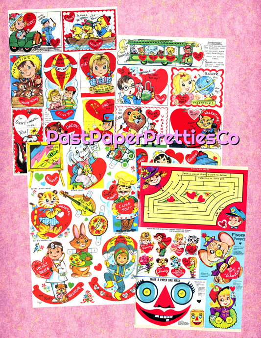 Vintage Printable Retro 1960's Valentines Day Playbook Card Cut Outs 4 Collage Sheets PDF Instant Digital Download Cute Boys Girls Animals