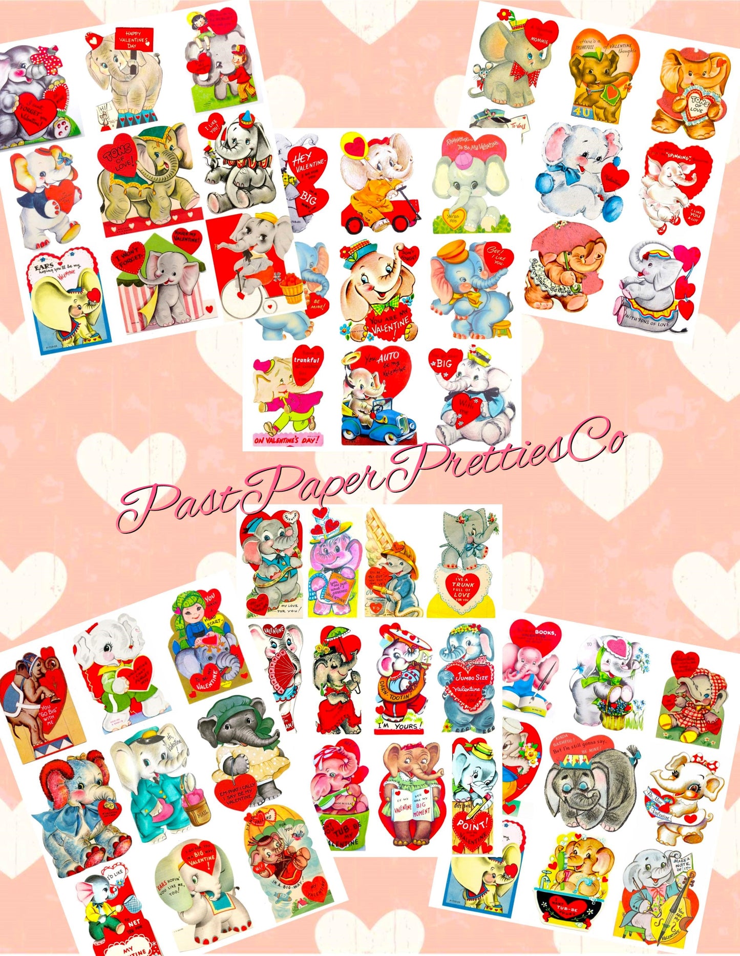 Vintage Valentines Day Elephants Printable Card Image Collage Sheets PDF Instant Digital Download 66 Cute Ellie Pachyderm Animal Clipart