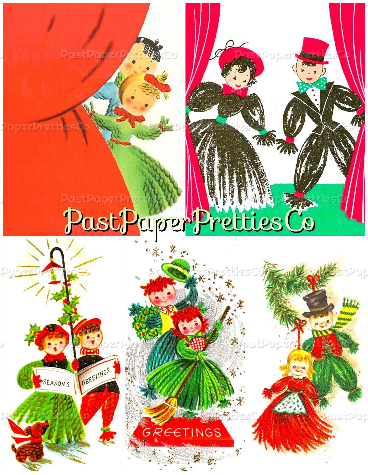 Vintage Christmas Yarn People Collage Sheets & Full Cards Printable PDF Instant Digital Kitsch Cute Yarny Holiday Couples Family 45 Images
