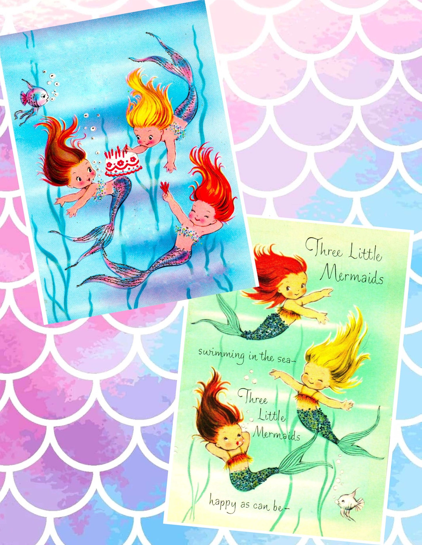 Vintage Printable Three Pretty Mermaid Friends Birthday Greeting Card Images PDF Instant Digital Download Kitsch Kawaii MCM Water Nymphs