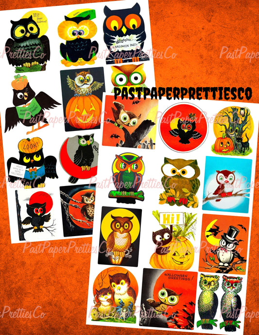 Vintage Retro Halloween OWLS Collage Sheets 24 Card Images Printable PDF Instant Digital Download Mid Century Kitsch Spooky Cute Clip Art