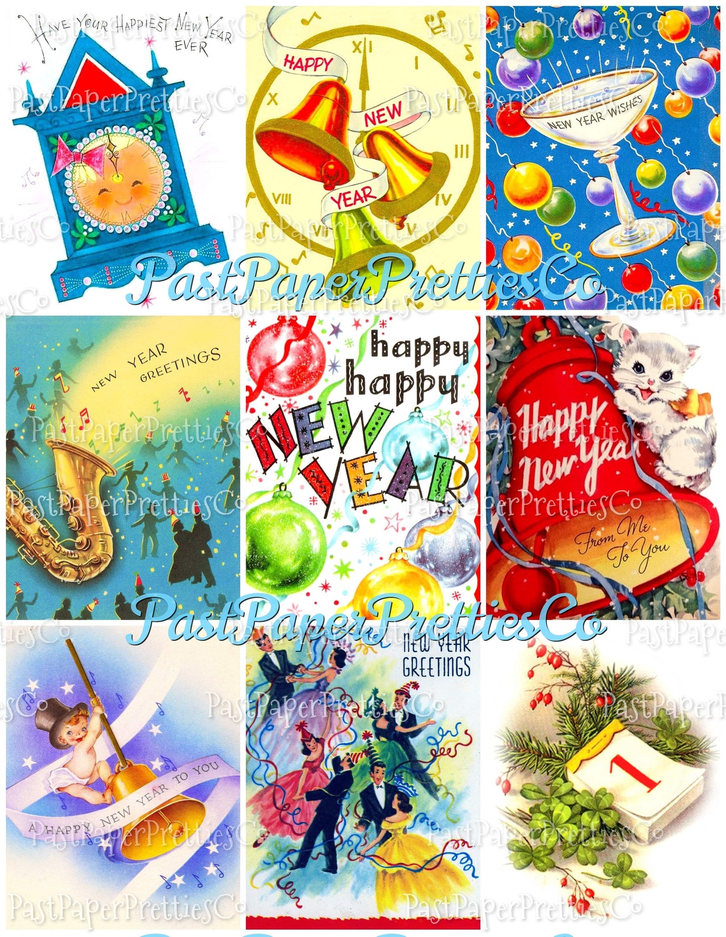 Vintage Happy New Year Printable MCM Card Collage Sheets PDF Instant Digital Download 63 New Years Day Eve Clipart Images