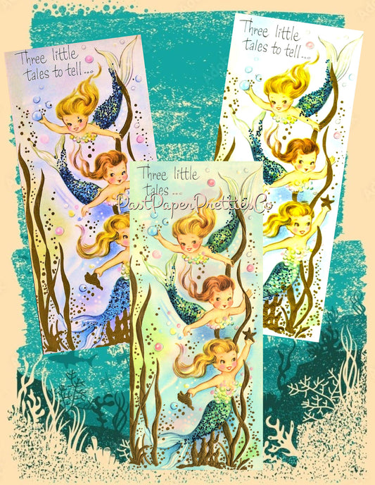 Vintage Printable Cute Mermaid Greeting Card Image 1957 Three Little Tales to Tell PDF Instant Digital Download Three Color Schemes 300 dpi