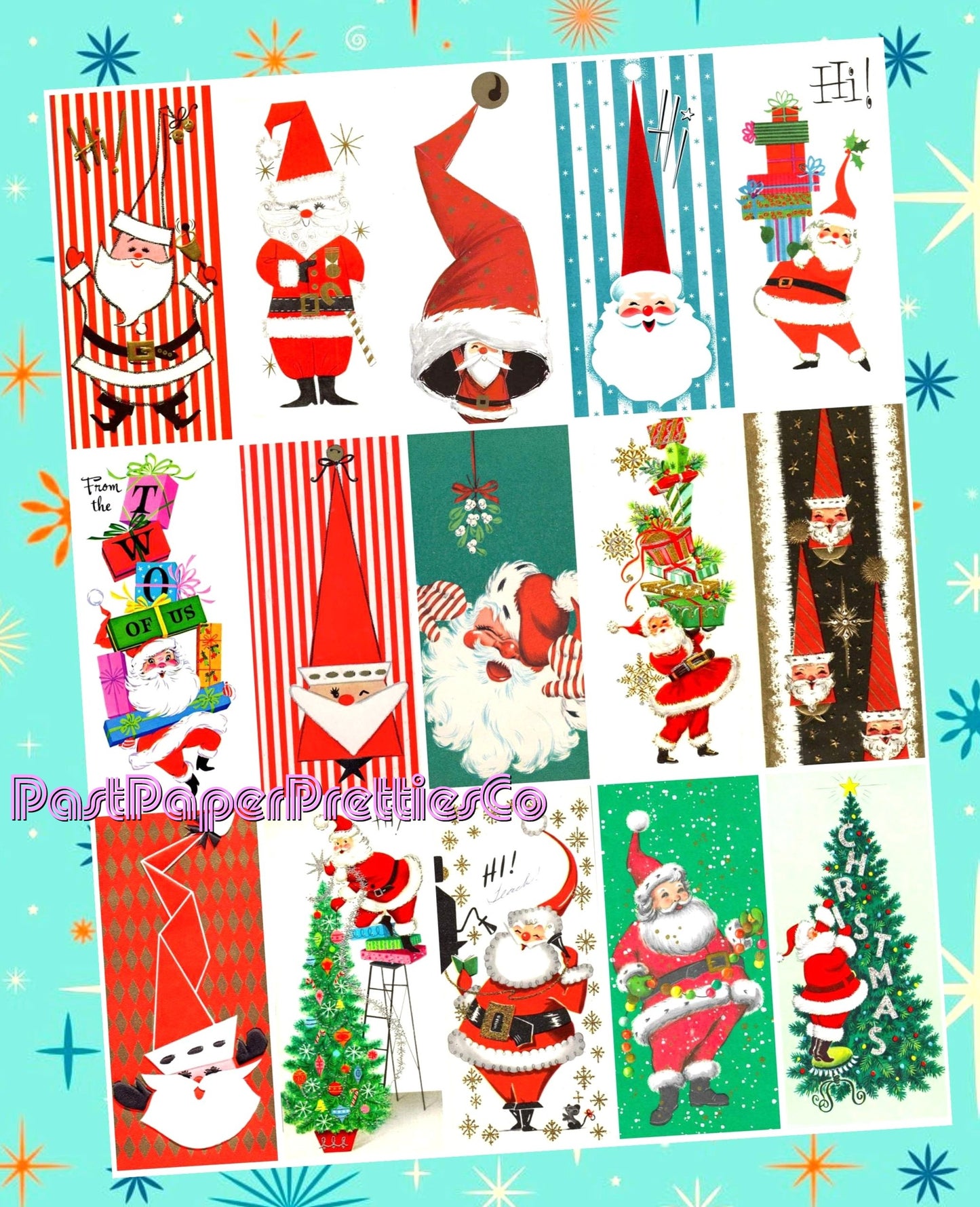 Vintage Retro Slim Santas Mod Tall Hats Christmas Card Images Collage & Full Cards Printable PDF Instant Digital Download MCM Kitsch Clipart