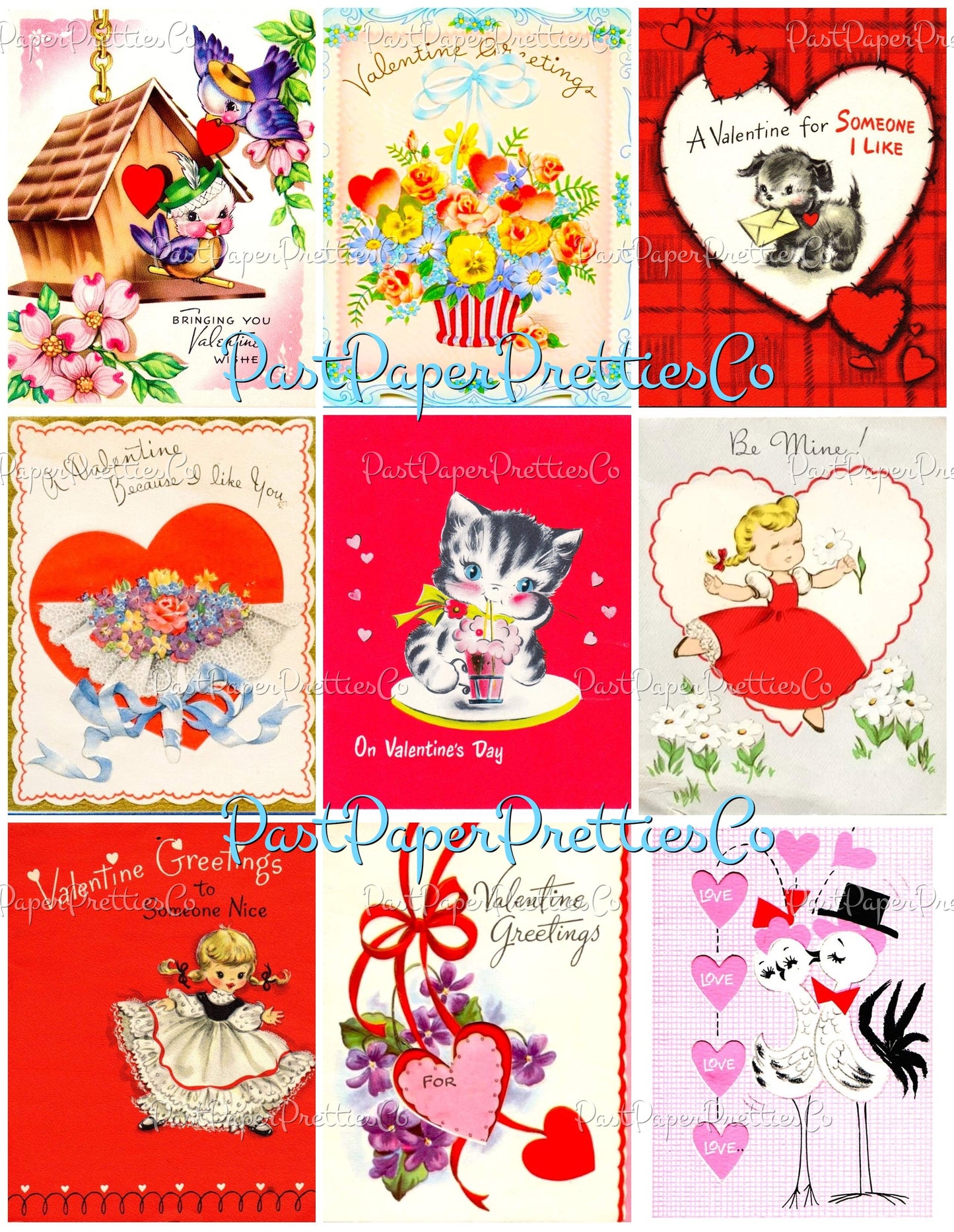 Vintage Happy Valentines Day Printable Valentine Greeting Card Collage Sheets PDF Instant Digital Download 54 Cute MCM Clipart Images