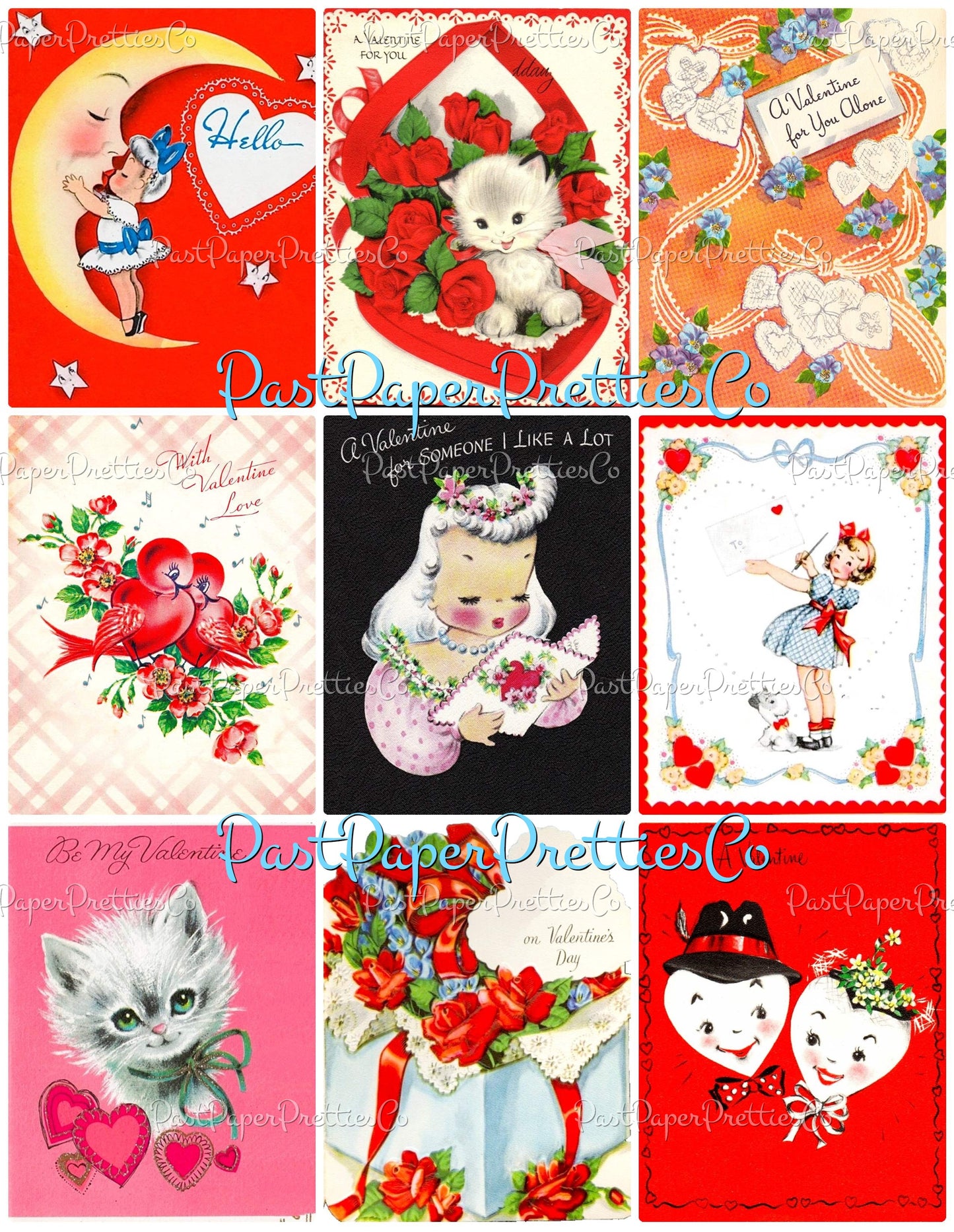 Vintage Happy Valentines Day Printable Valentine Greeting Card Collage Sheets PDF Instant Digital Download 54 Cute MCM Clipart Images