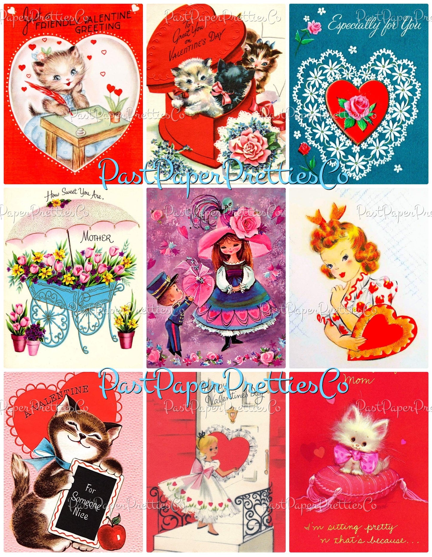 Vintage Happy Valentines Day Printable Valentine Greeting Card Collage Sheets PDF Instant Digital Download 54 Cute MCM Clipart Images