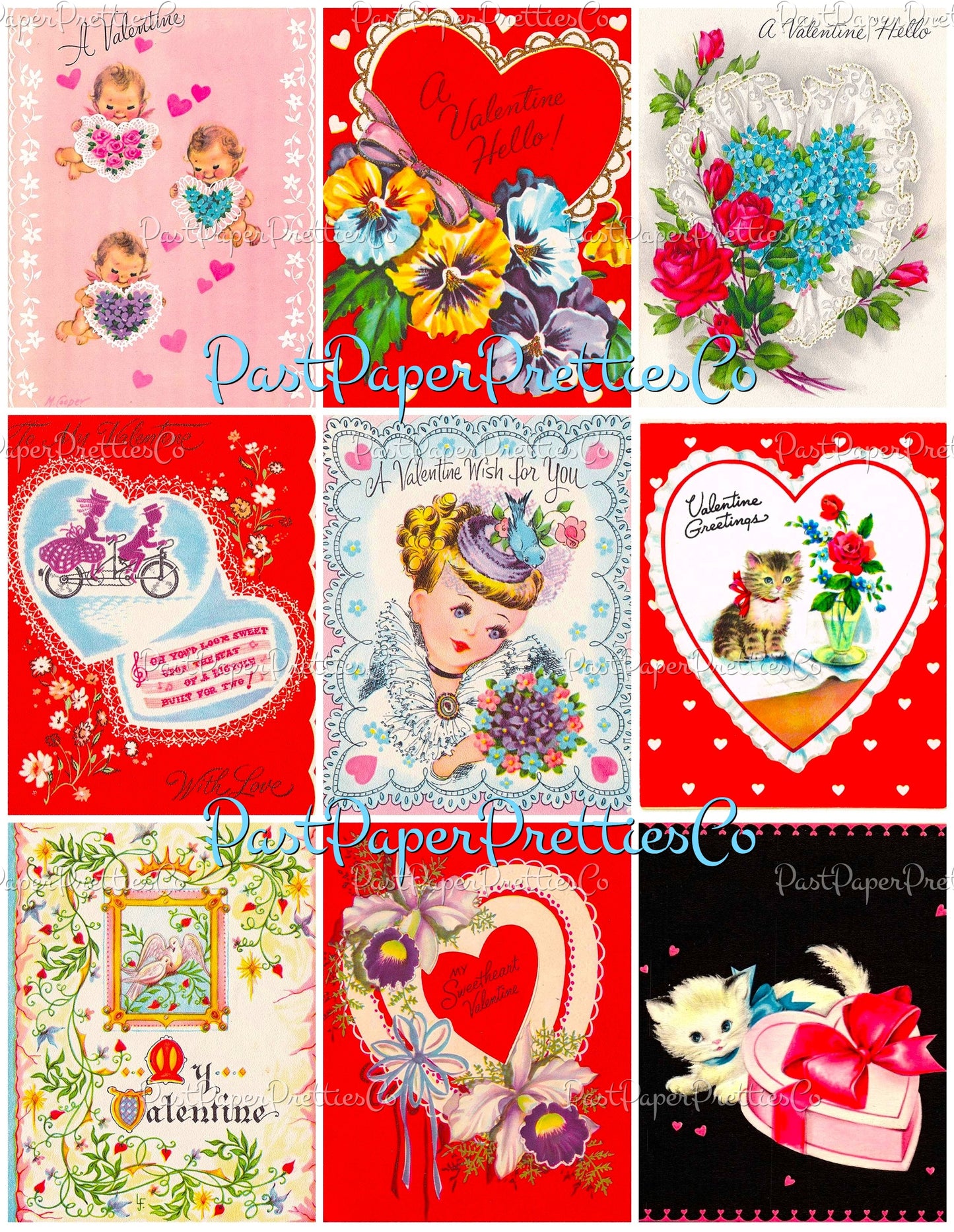 Vintage Happy Valentines Day Printable Valentine Greeting Card Collage Sheets PDF Instant Digital Download 54 Cute MCM Clipart Images