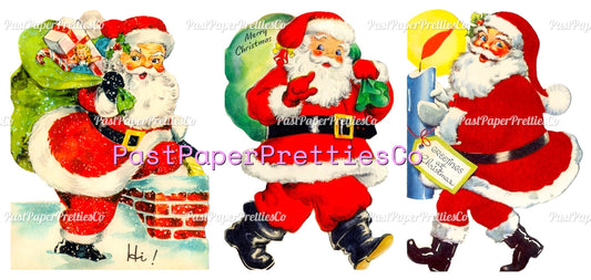 Vintage Printable Retro Santa Claus Christmas Card Images Three 1940s Designs PDF Instant Digital Download Kitschmas Holiday Clip Art