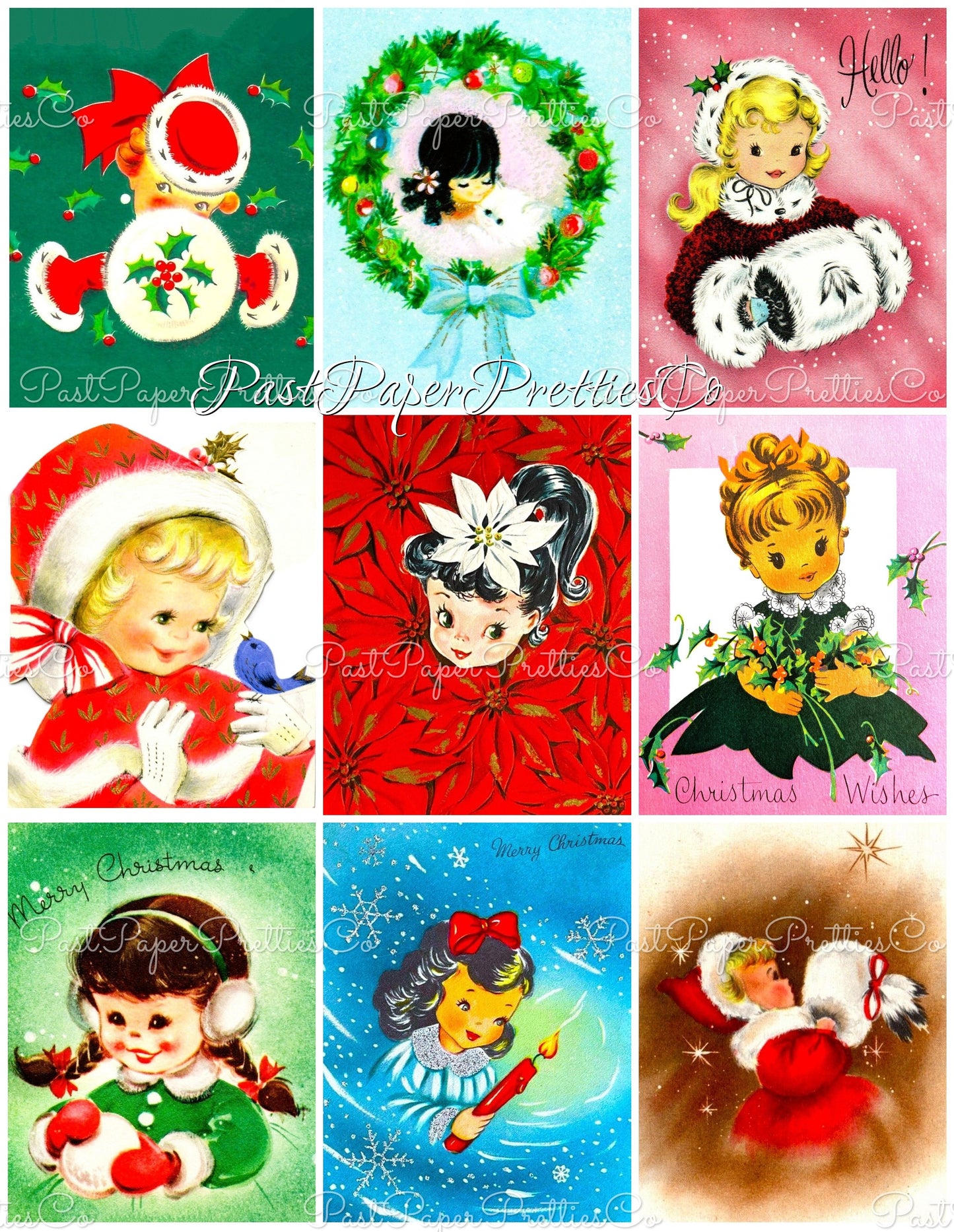 Vintage Christmas Girls Faces Portraits Collage Sheets & Full Card Images Printable PDF Instant Digital Download 54 Designs