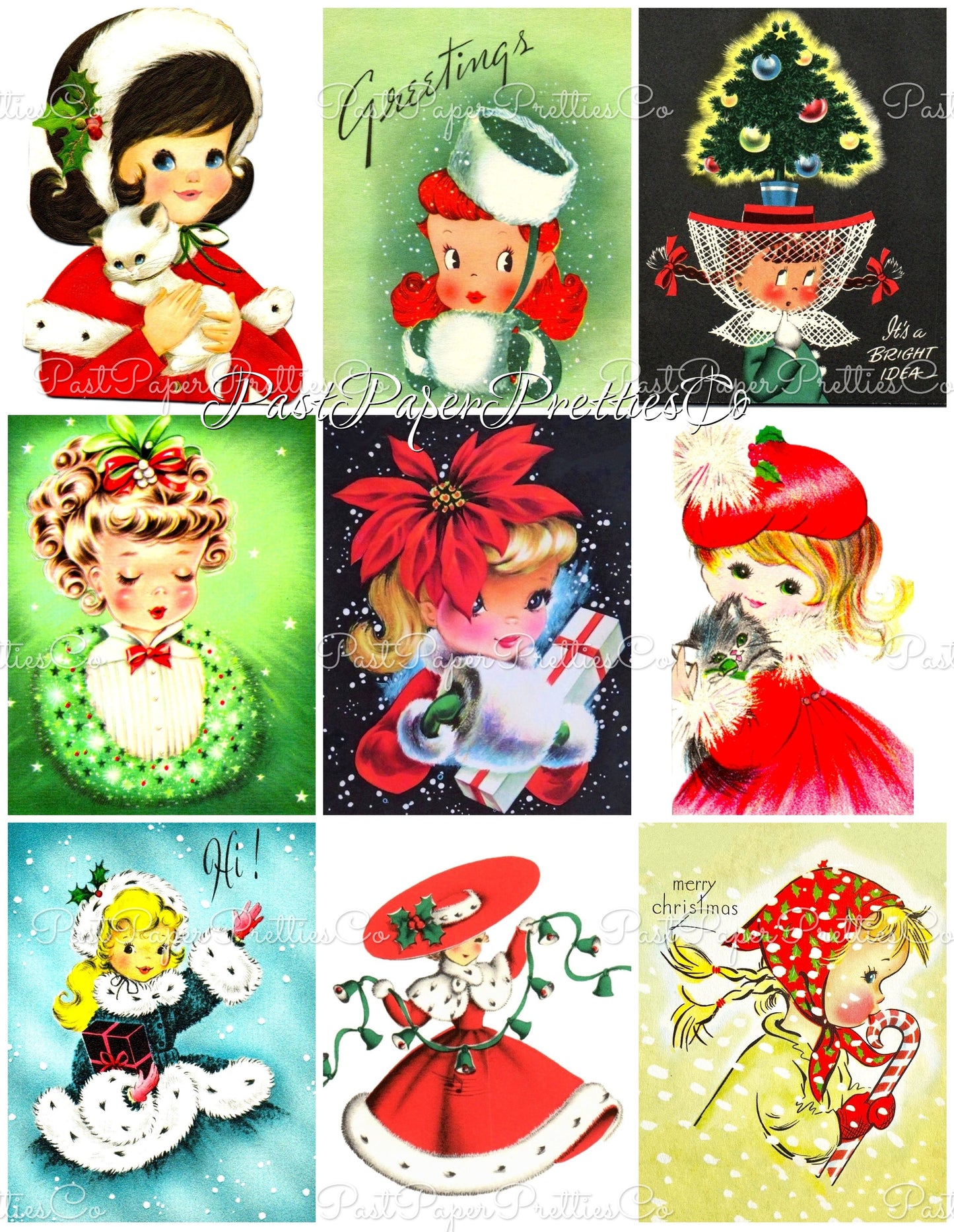 Vintage Christmas Girls Faces Portraits Collage Sheets & Full Card Images Printable PDF Instant Digital Download 54 Designs