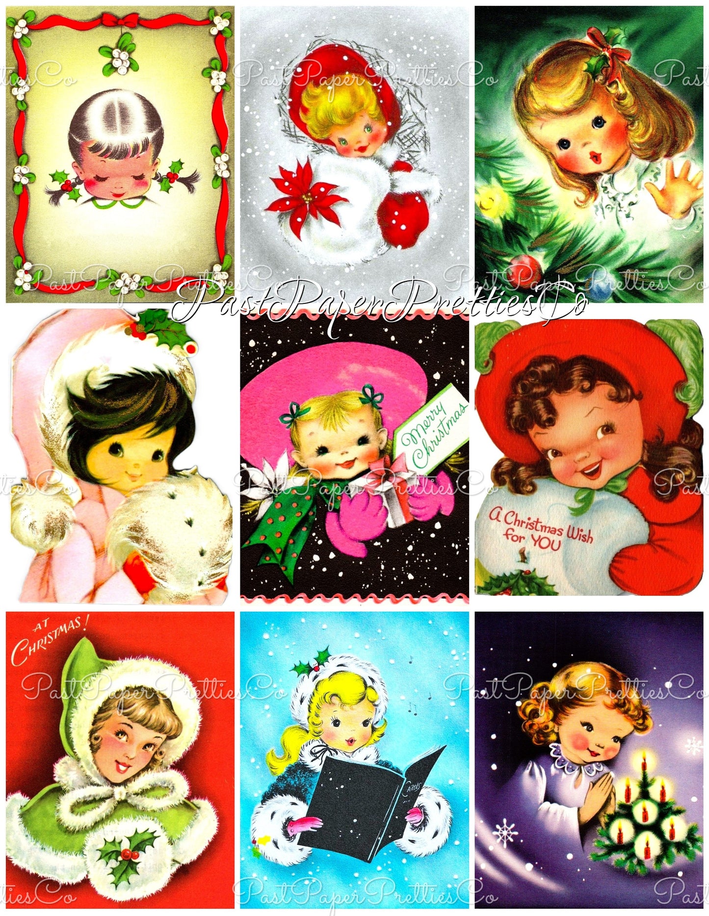 Vintage Christmas Girls Faces Portraits Collage Sheets & Full Card Images Printable PDF Instant Digital Download 54 Designs