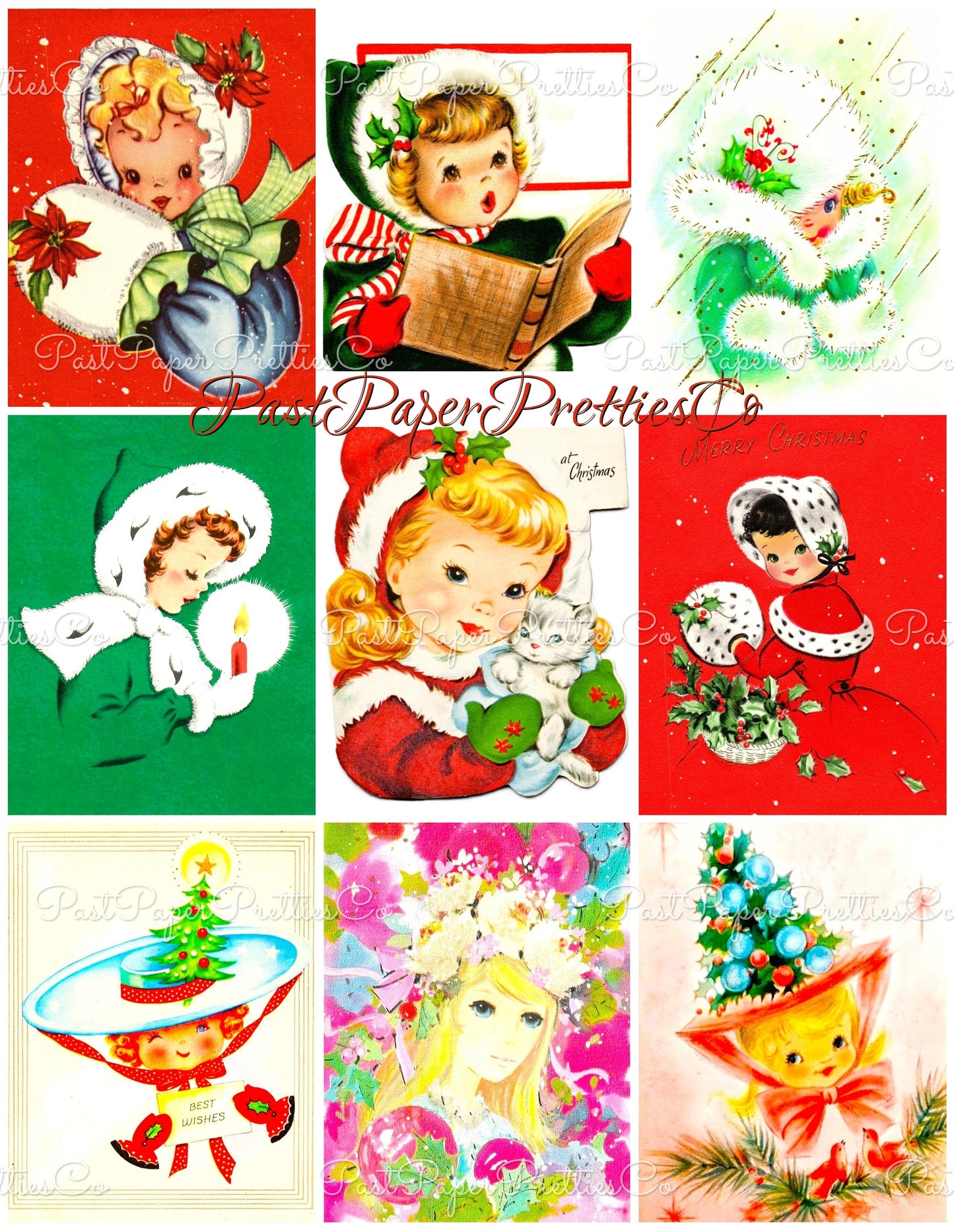 Vintage Christmas Girls Faces Portraits Collage Sheets & Full Card Images Printable PDF Instant Digital Download 54 Designs