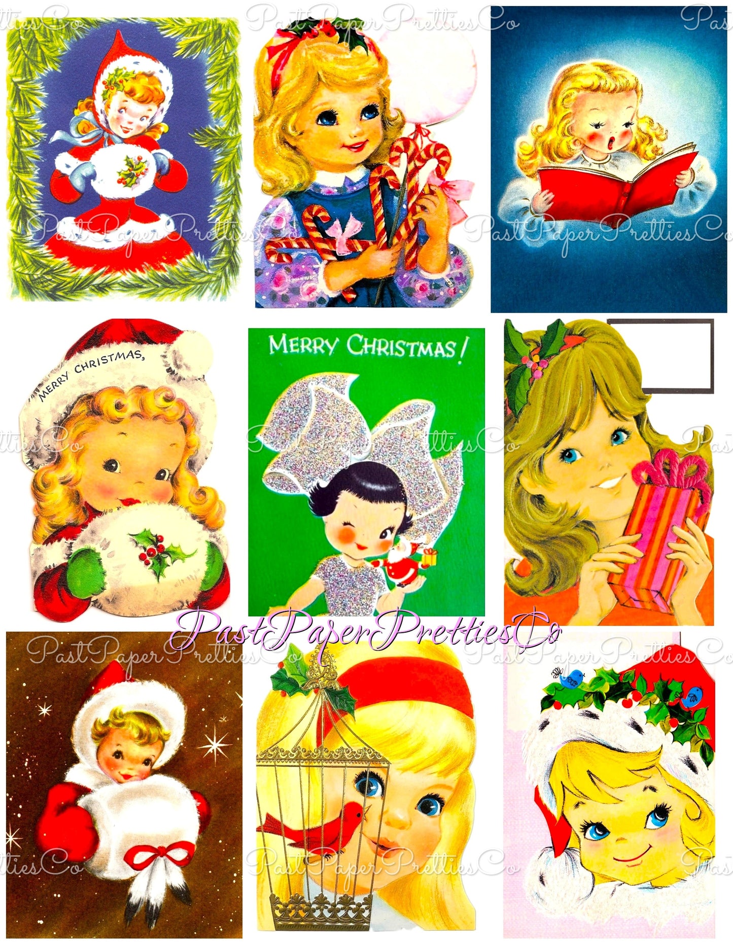 Vintage Christmas Girls Faces Portraits Collage Sheets & Full Card Images Printable PDF Instant Digital Download 54 Designs